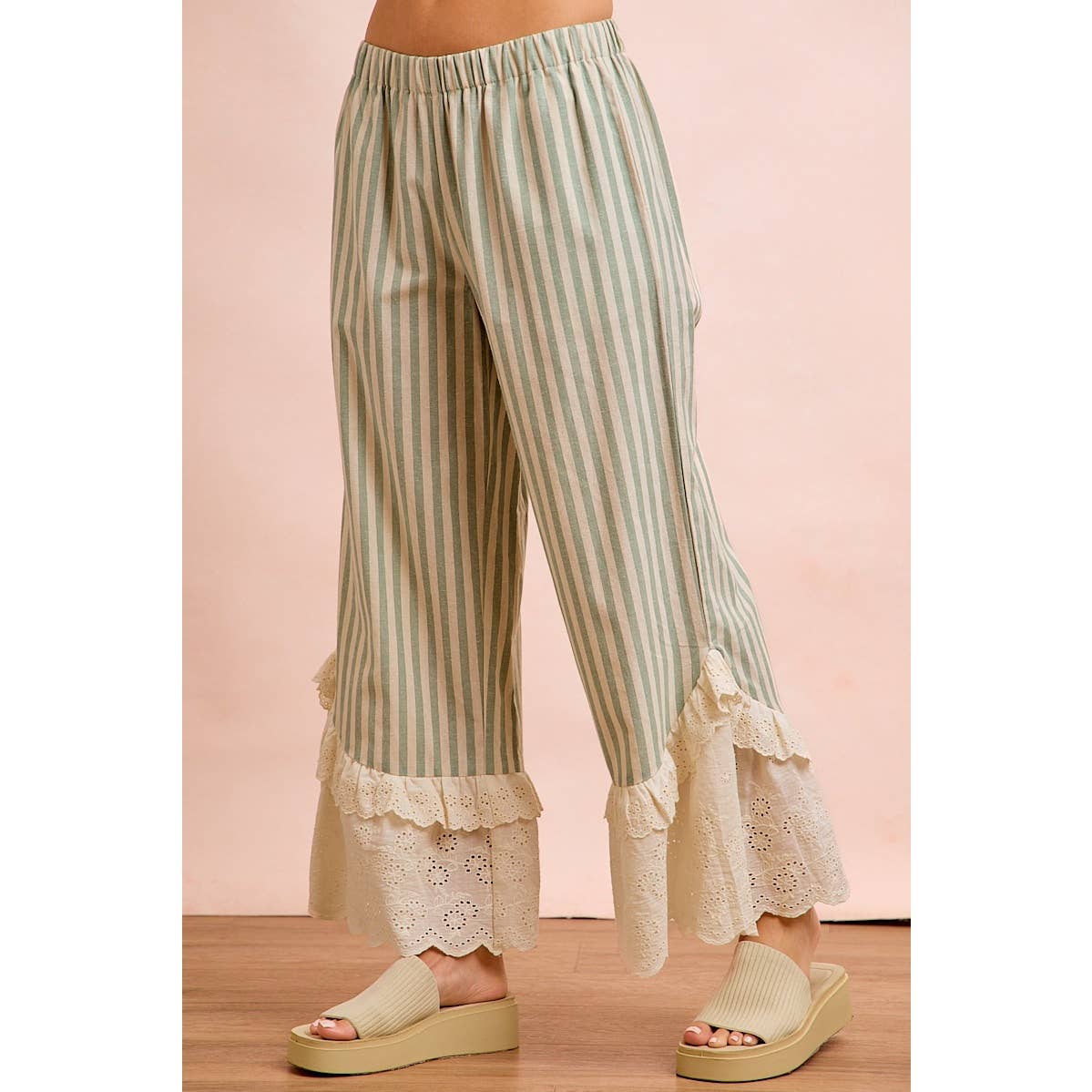 STRIPE WOVEN RUFFLED LACE HEM PANTS WITH SIDE POCKET