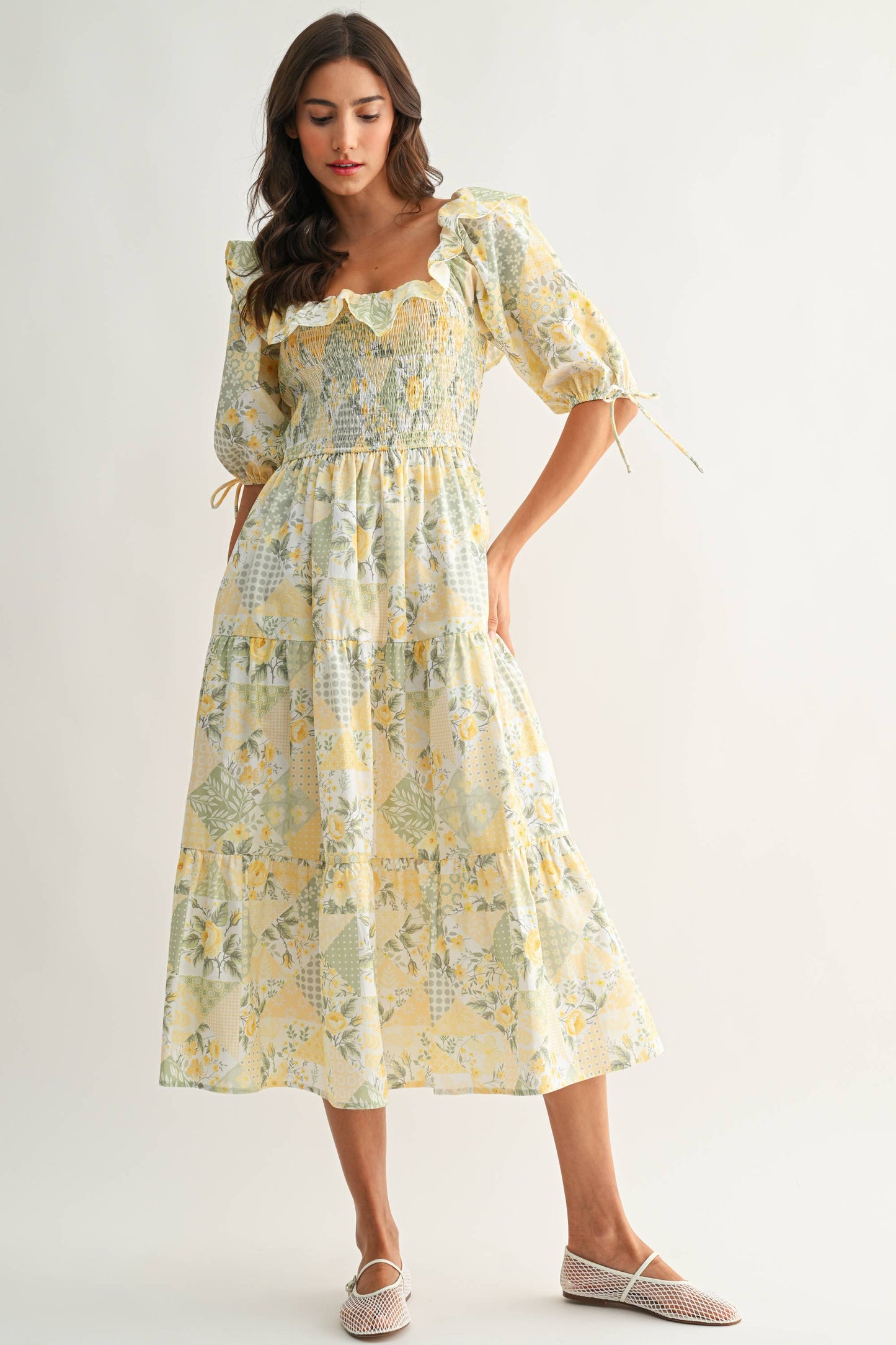 Sunshine Patchwork Smocked Midi Dress