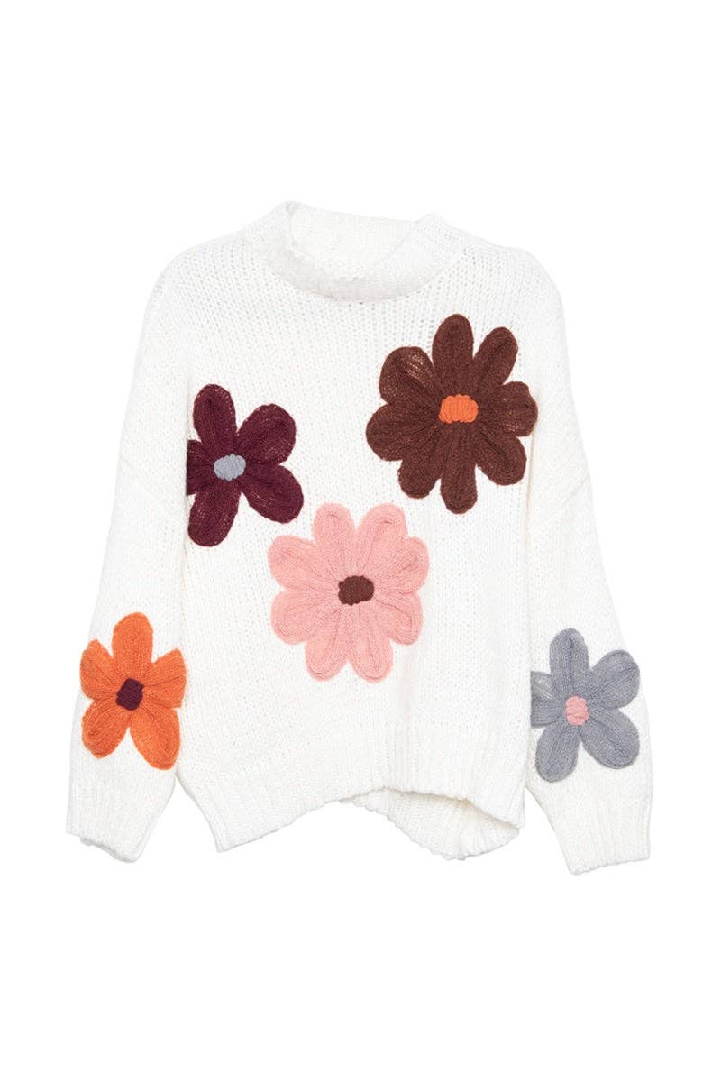 White Floral Wholesale Warm Fall Stitched Sweater