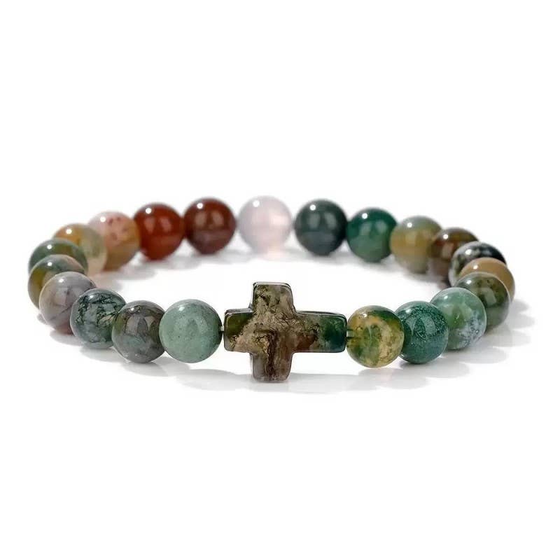 Boho Natural Stone Cross Charm Beaded Bracelet