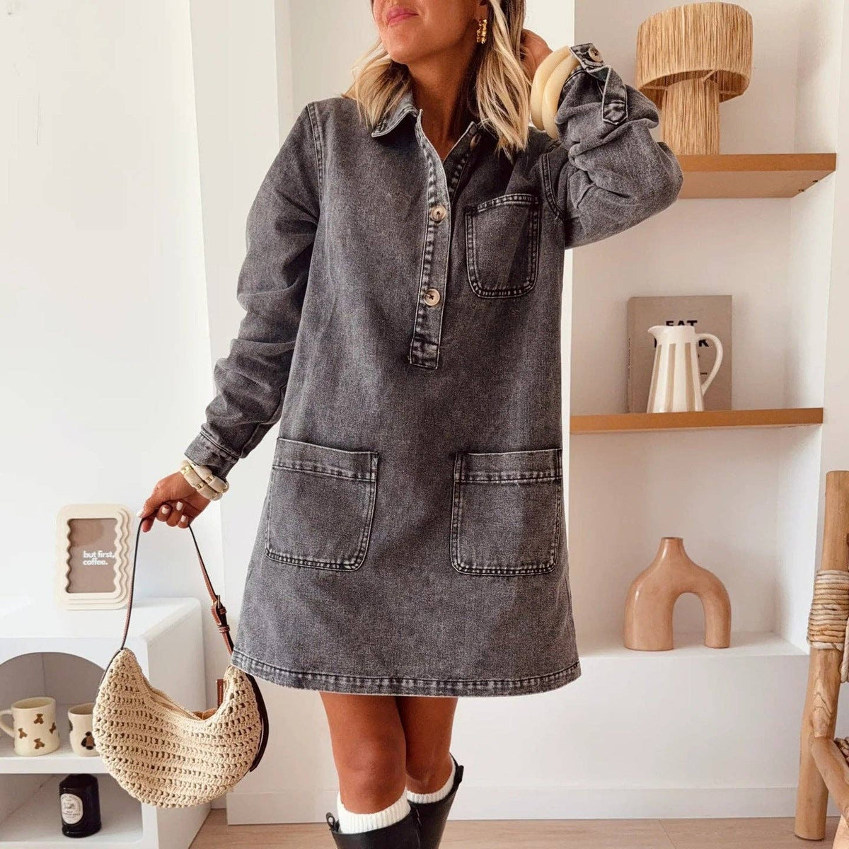 Lapel Collar Long Sleeve Denim Dress