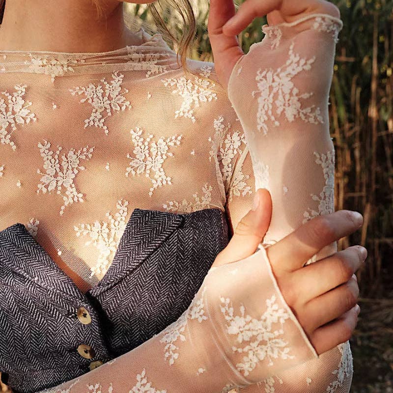 Floral Lace See Through Mesh Top Blouse