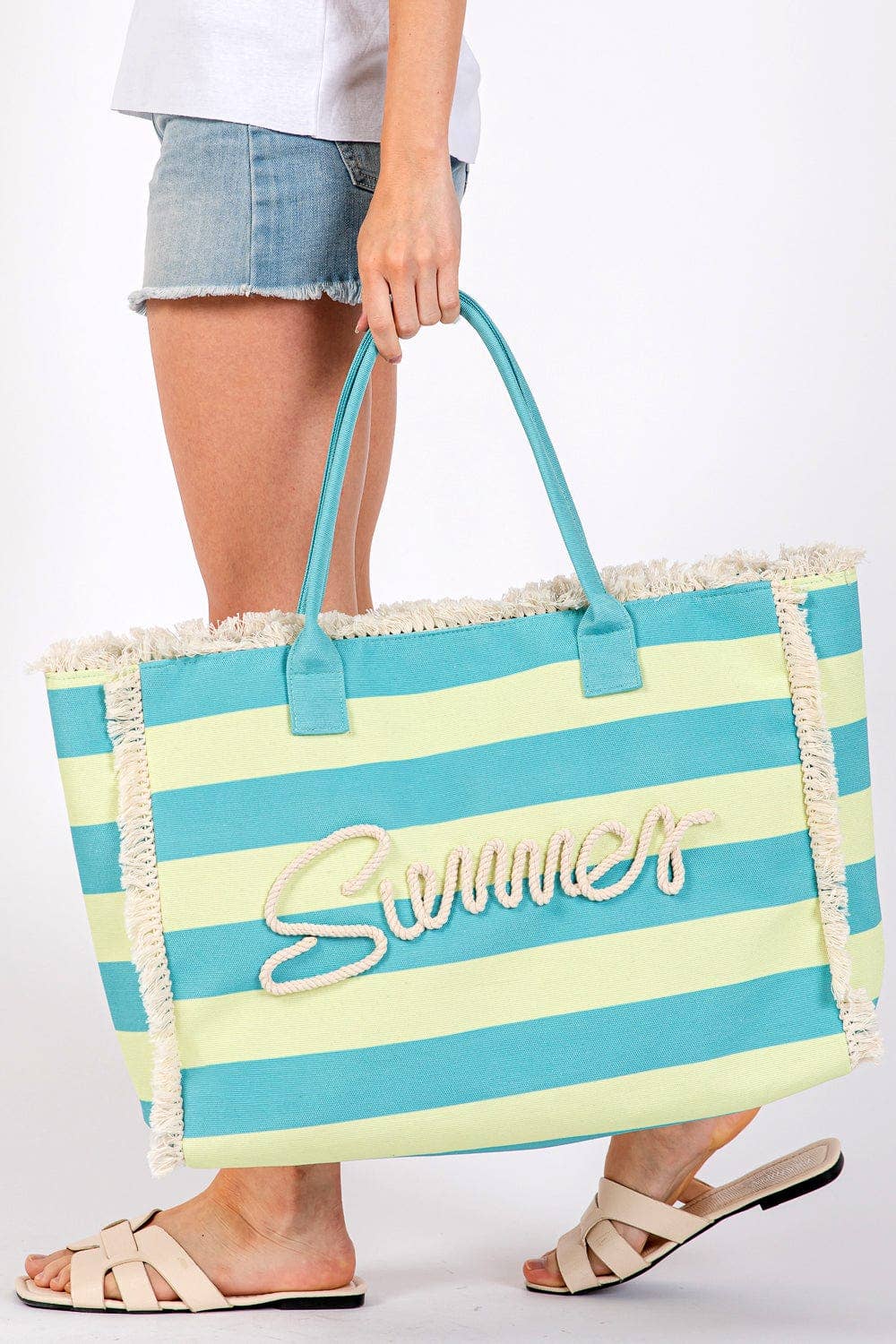 Summer Fringe Striped Tote Bag