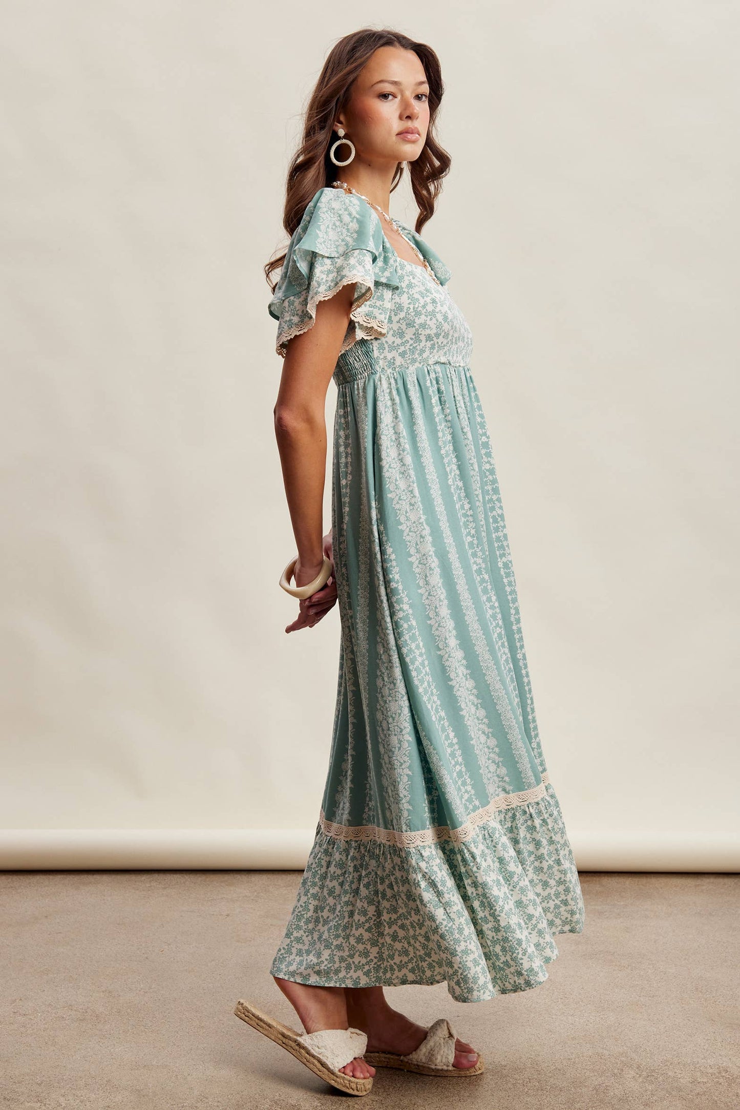 Floral Border Print Flutter Sleeve Maxi Dress