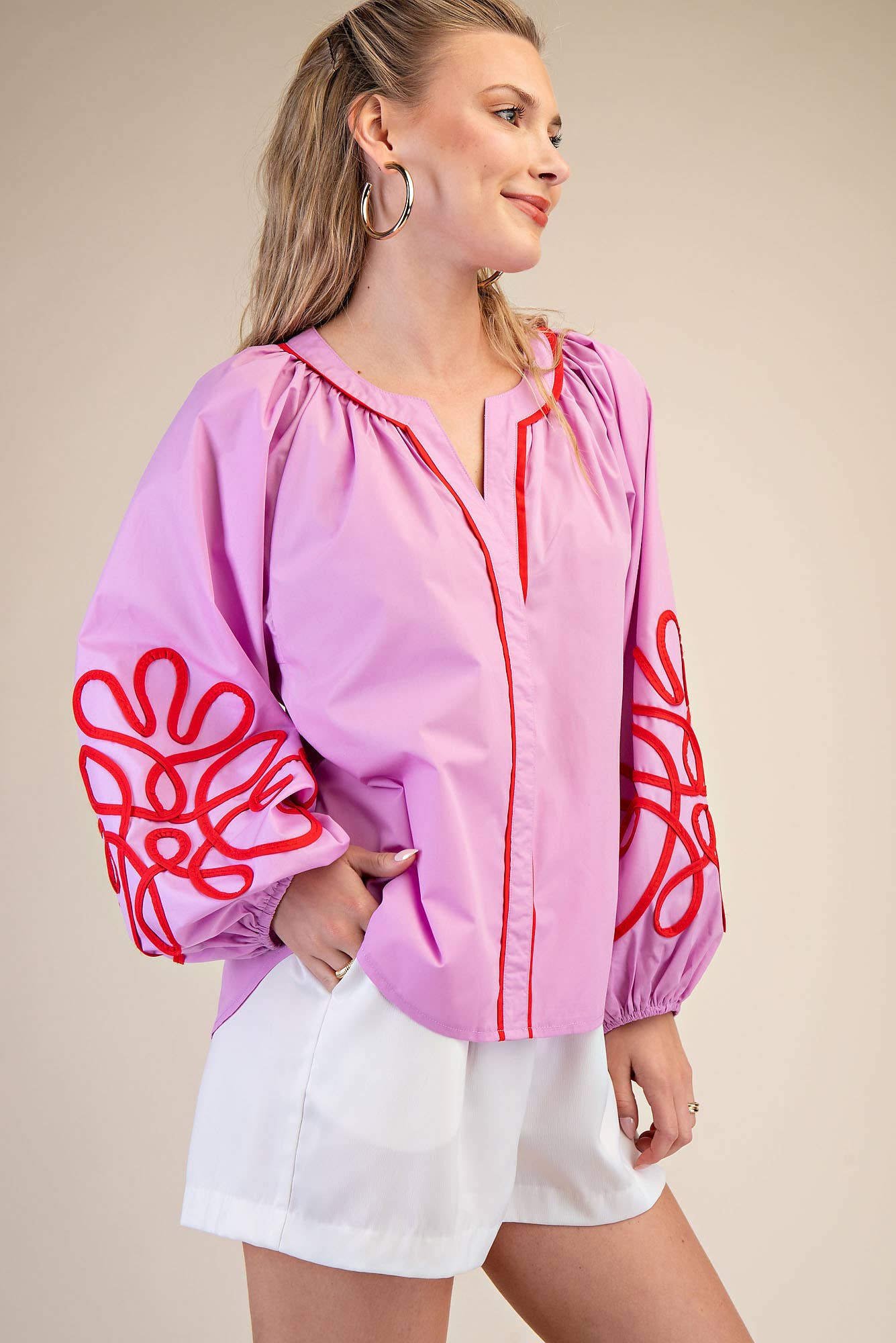 Soutache Contrast Detail Puff Sleeve Blouse
