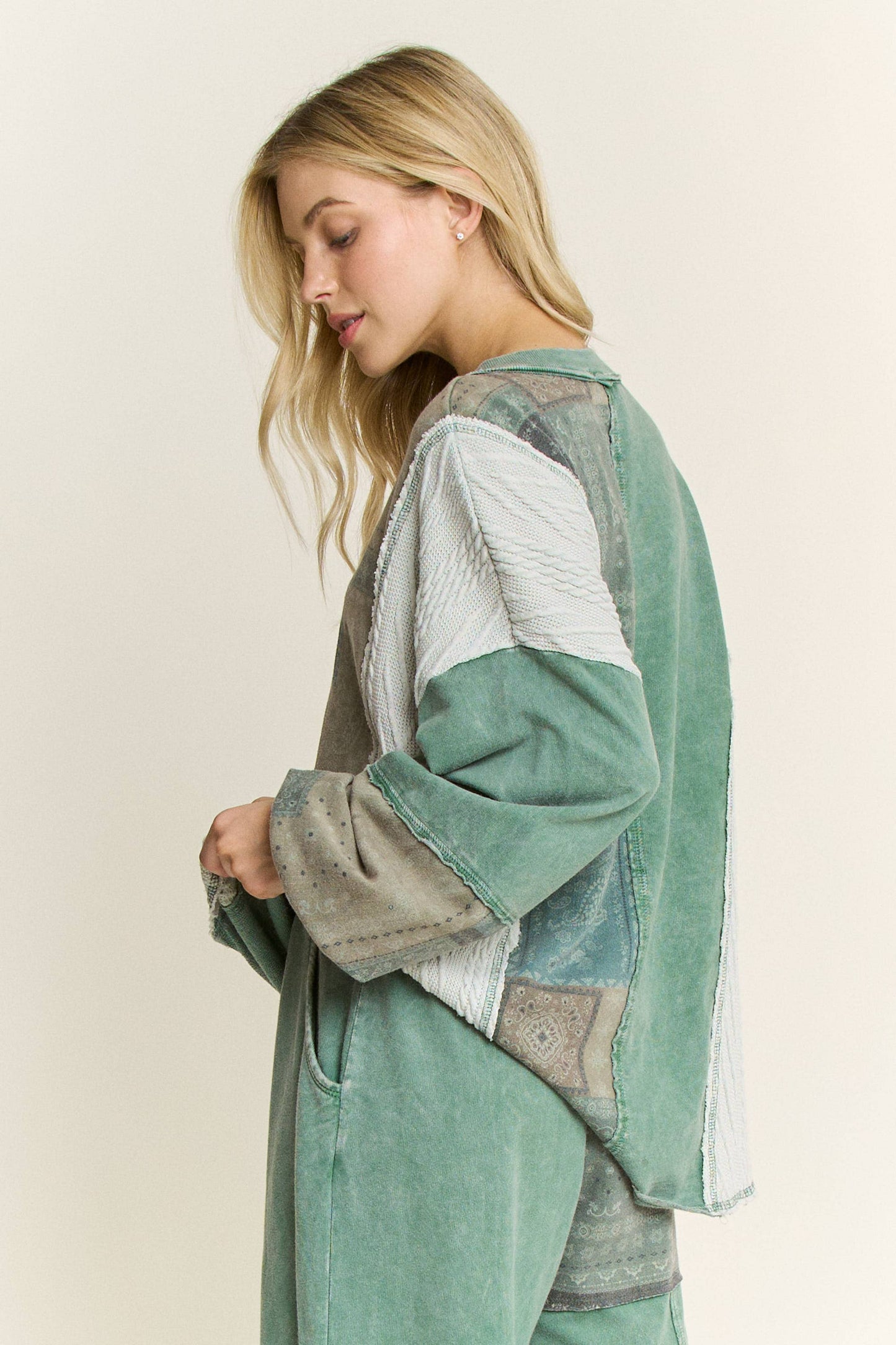 Mineral Washed Bandana Patchwork  Sweater Top