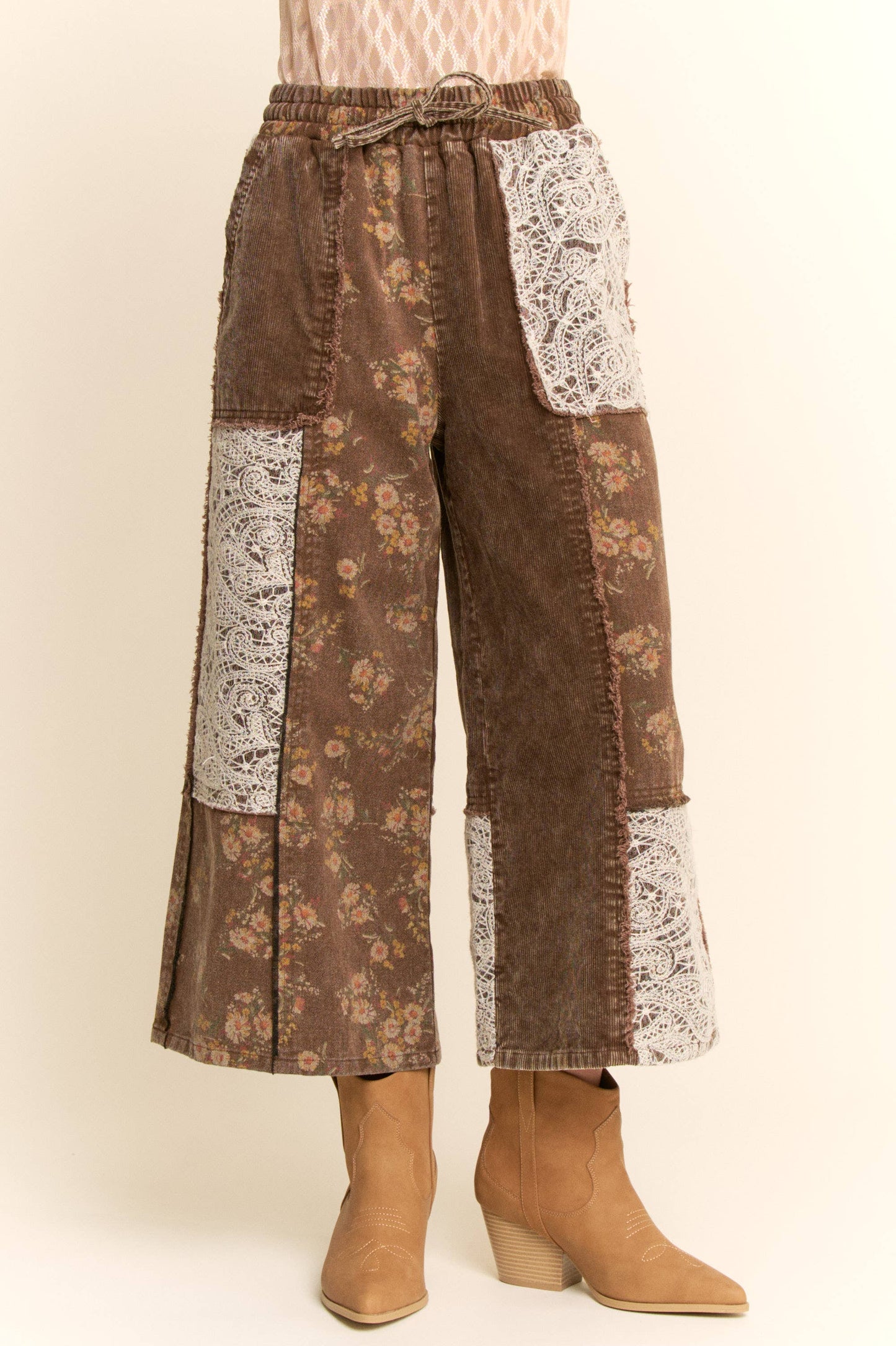 WASHED CORDUROY AND FLOWER DENIM PANTS