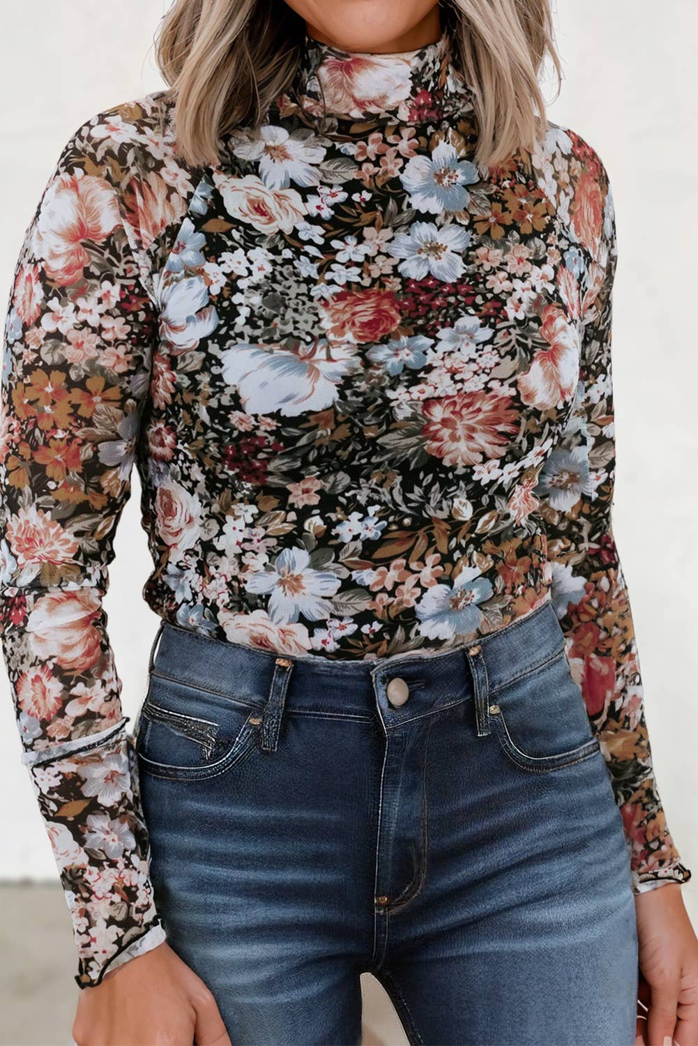 Sassy Floral Mock Neck Mesh Long Sleeve Blouse | S-XL