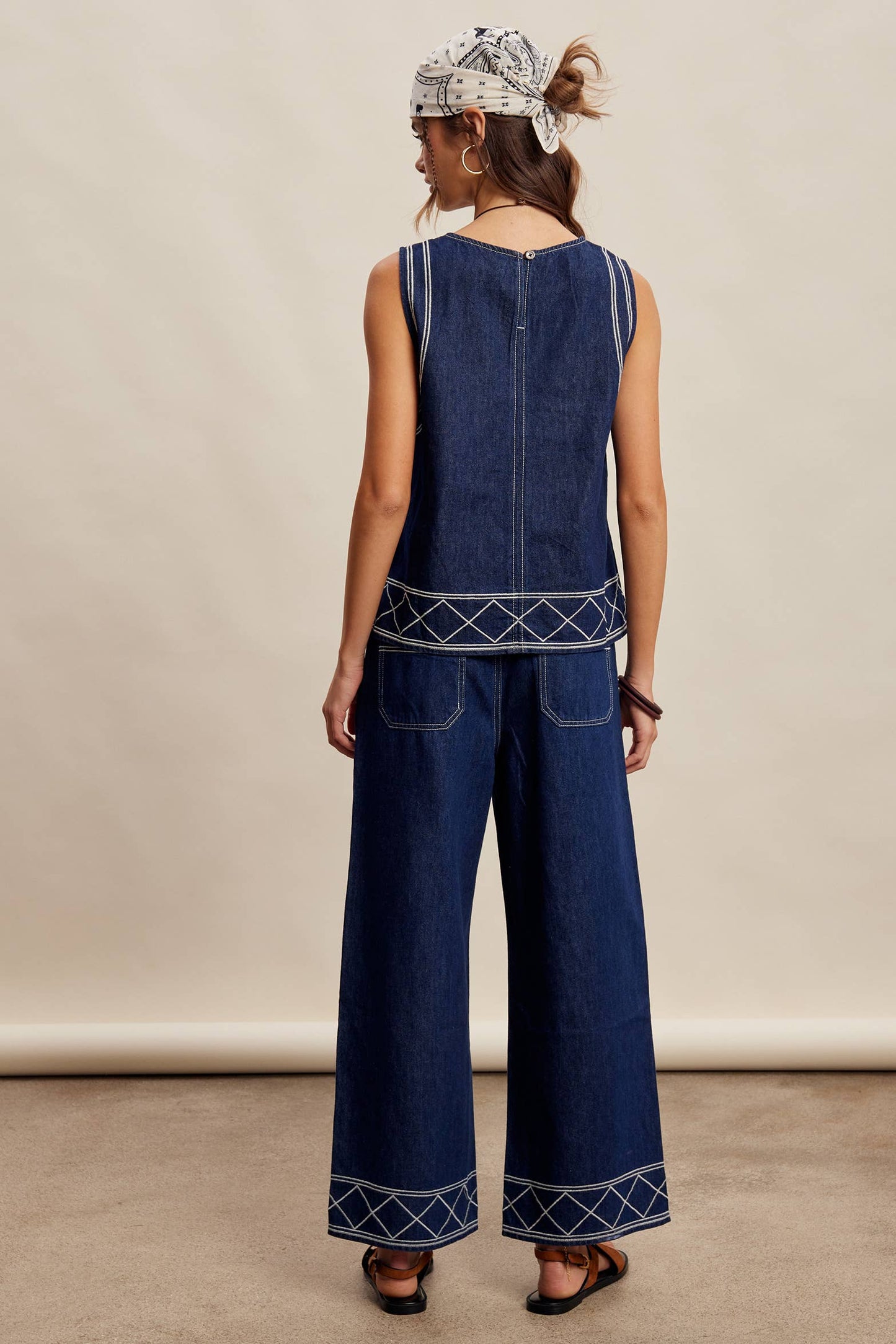 Embroidered Denim Tank & Wide-Leg Pants Set