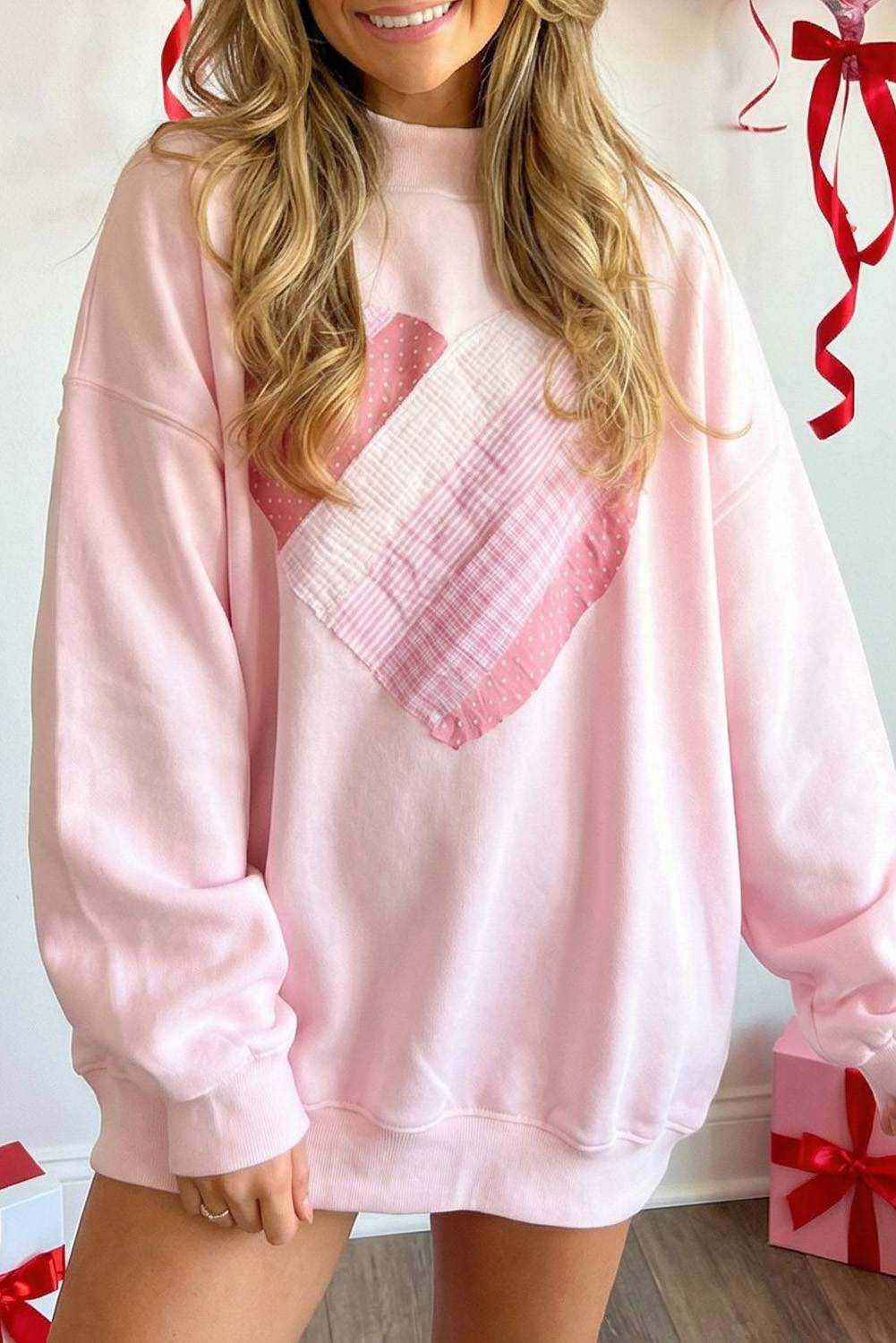 Valentine Sweetheart Patchwork Oversize Mock Neck Sweatshirt