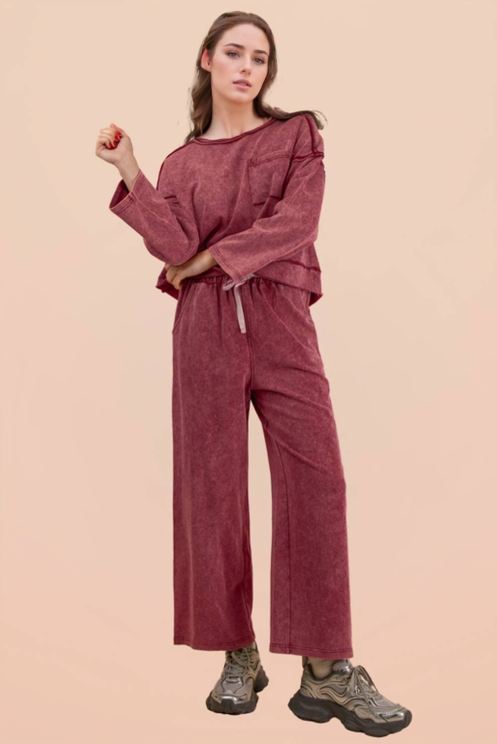 Mineral Washed Casual Knit Top & Pants Set
