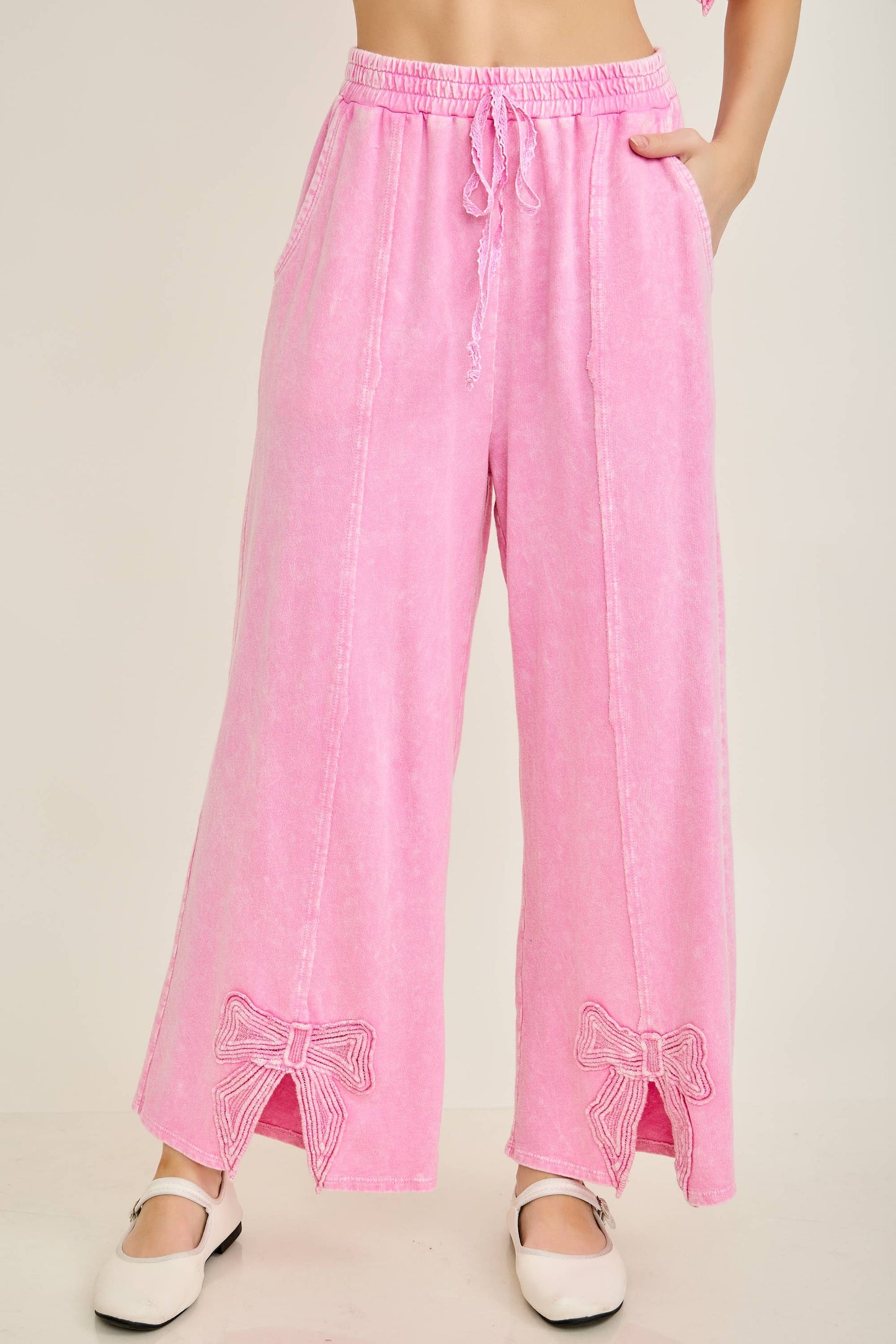 Mineral Washed Cute Bow trim Slit Pants