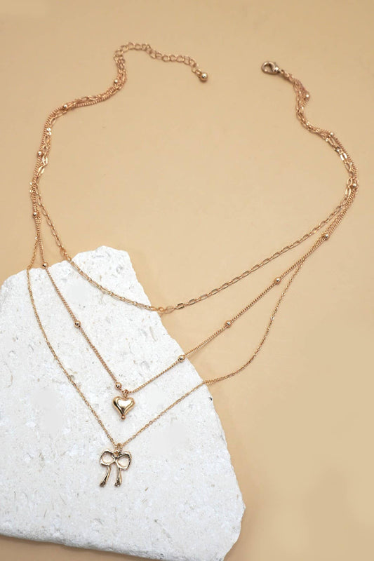 MULTI LAYER BOW HEART CHARM DROP NECKLACE