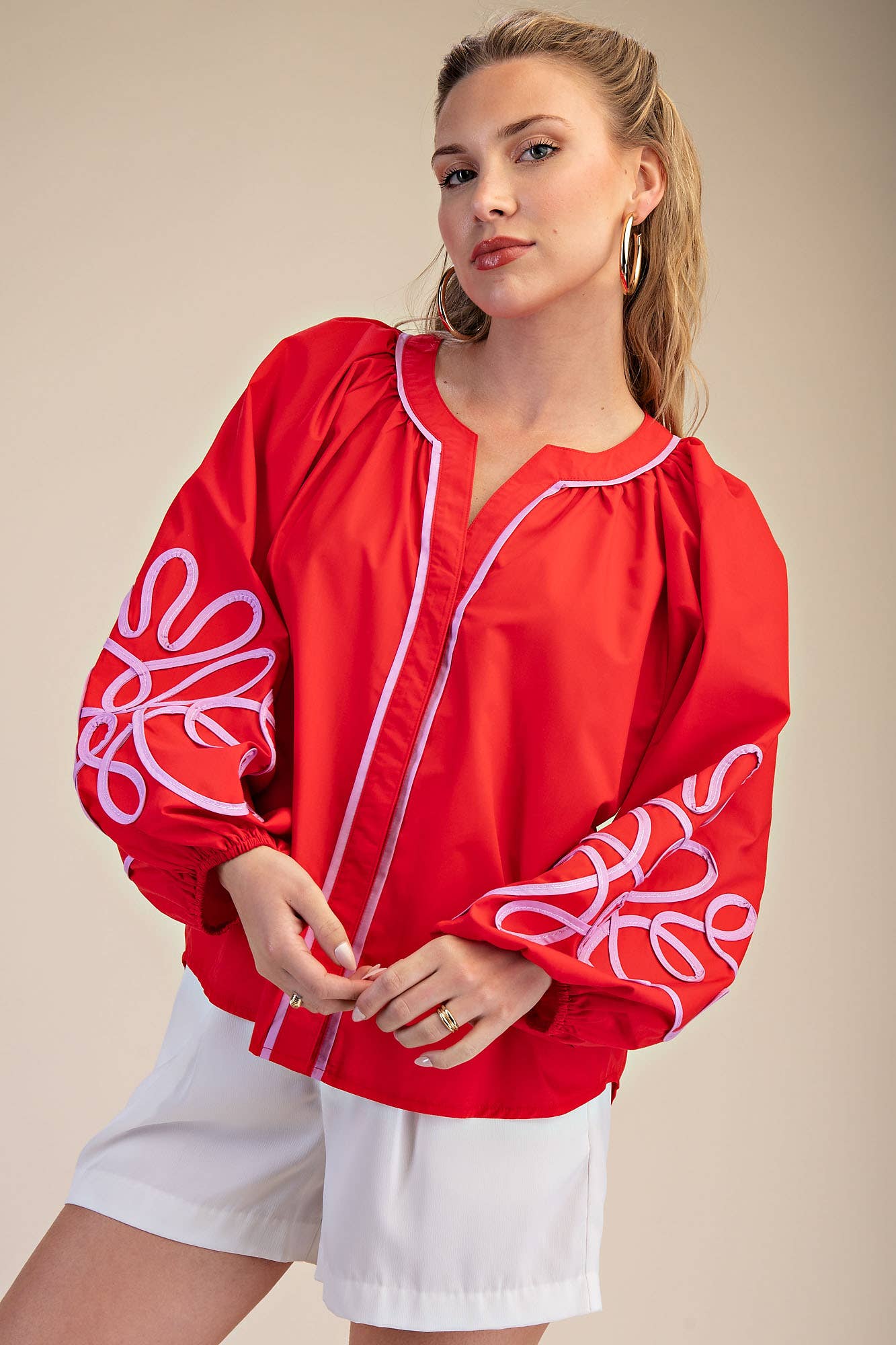 Soutache Contrast Detail Puff Sleeve Blouse