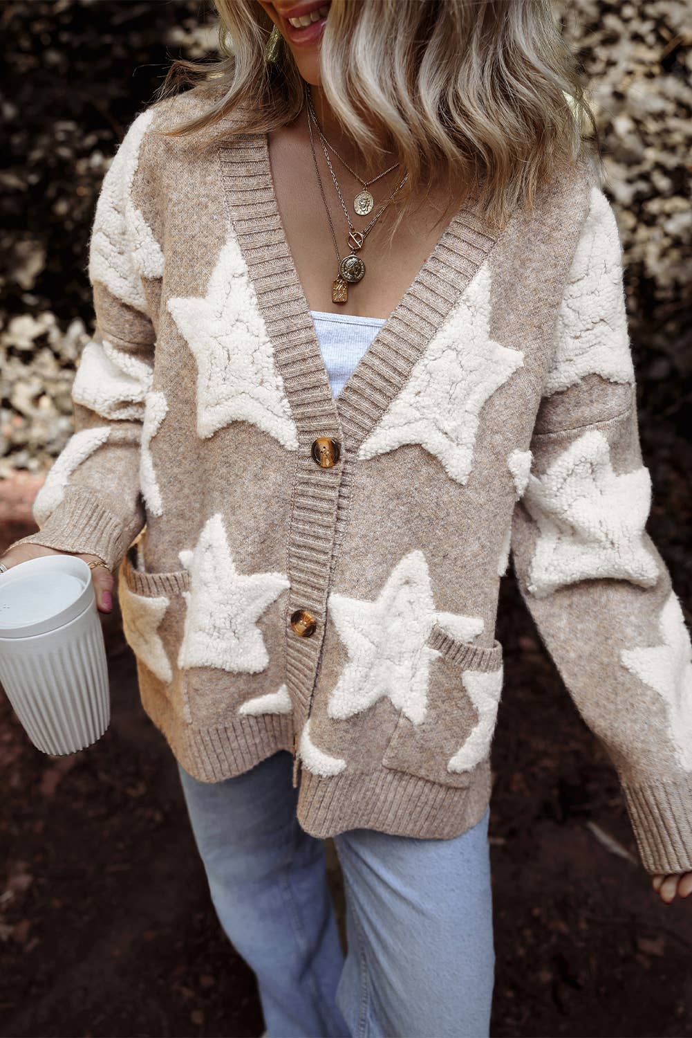 Star Pattern * Pockets Long Sleeve Knit Cardigan
