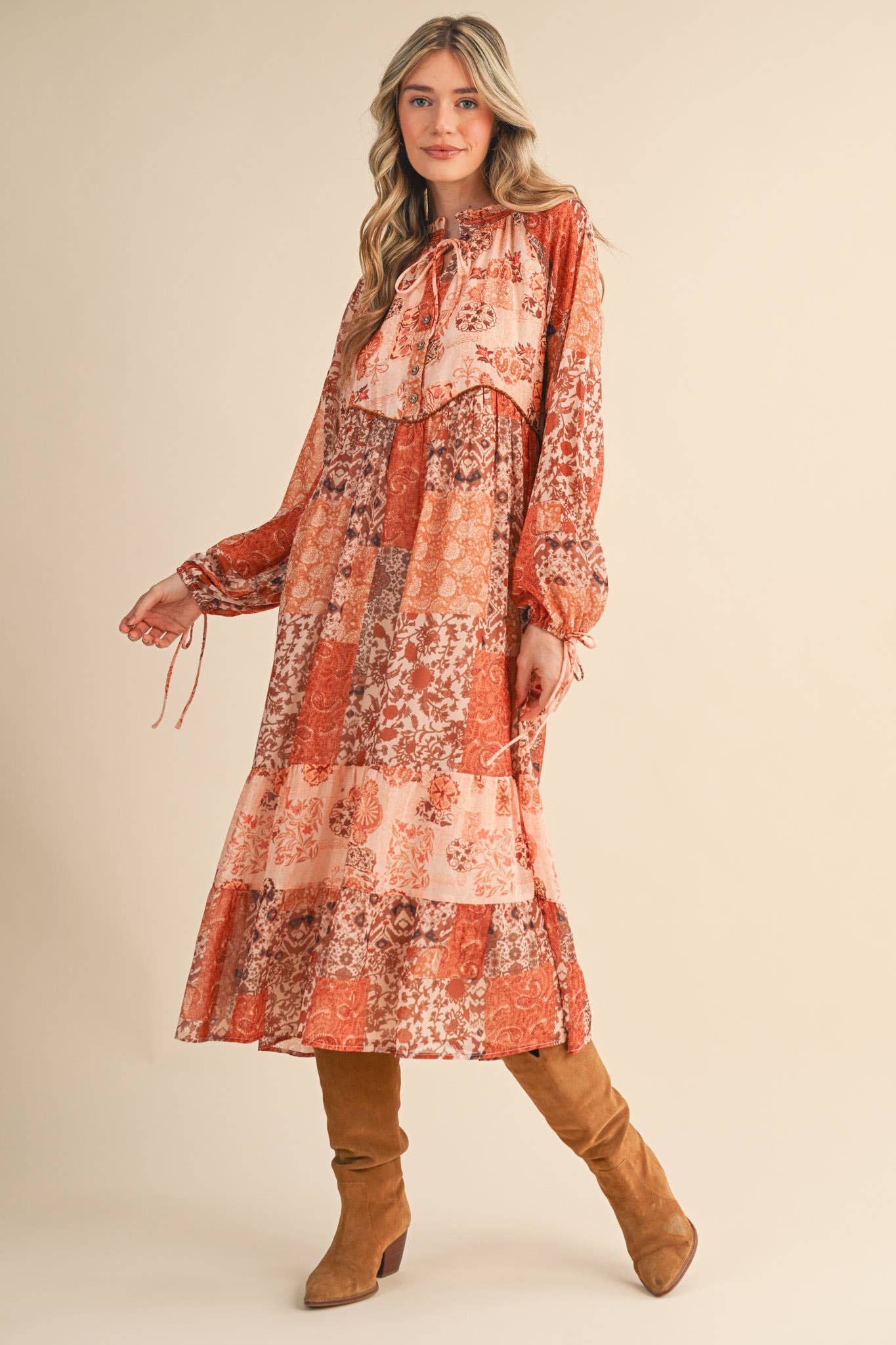 PATCHWORK PRINT MIDI DRESS
