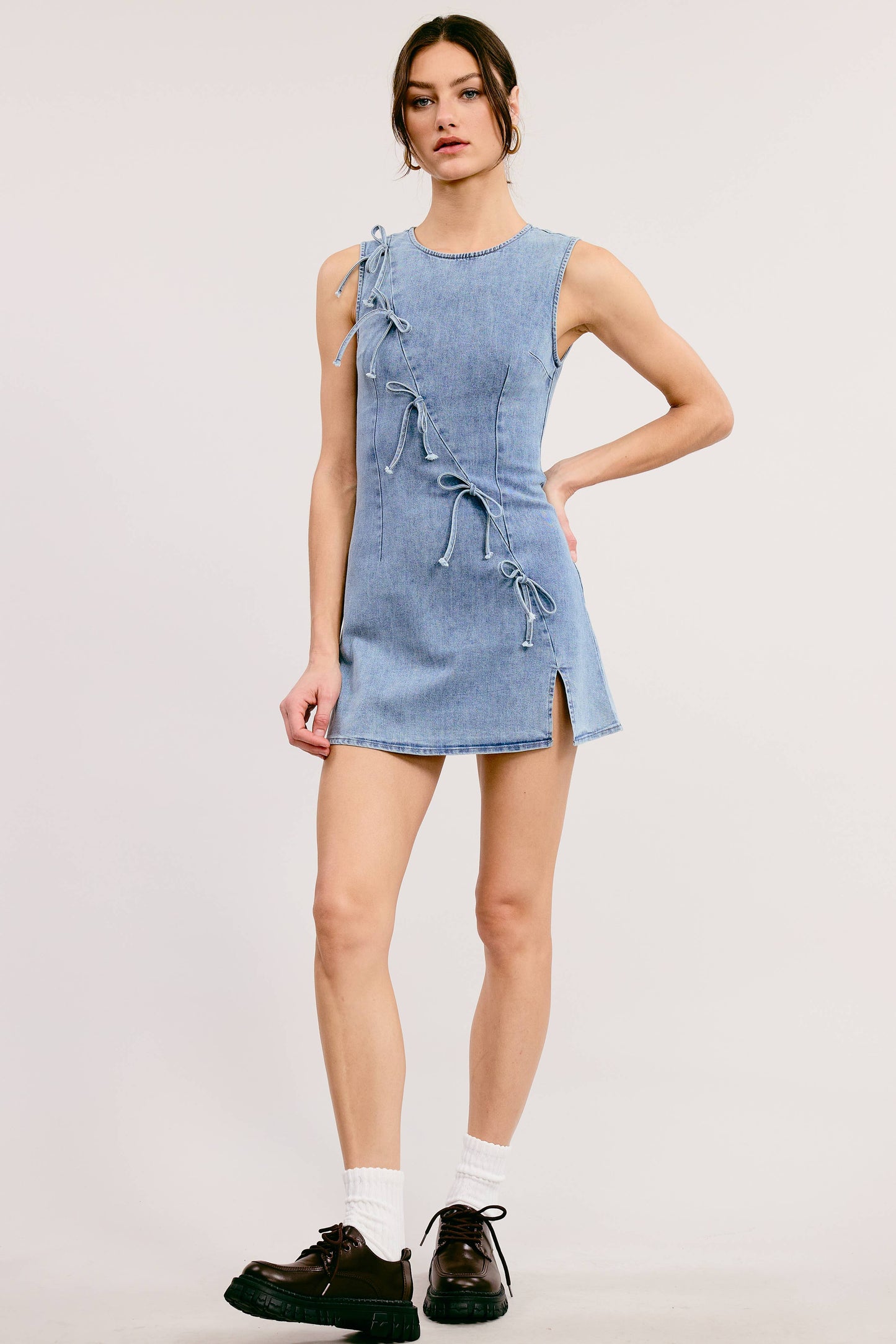 Diagonal Ribbon Bow Denim Mini Dress