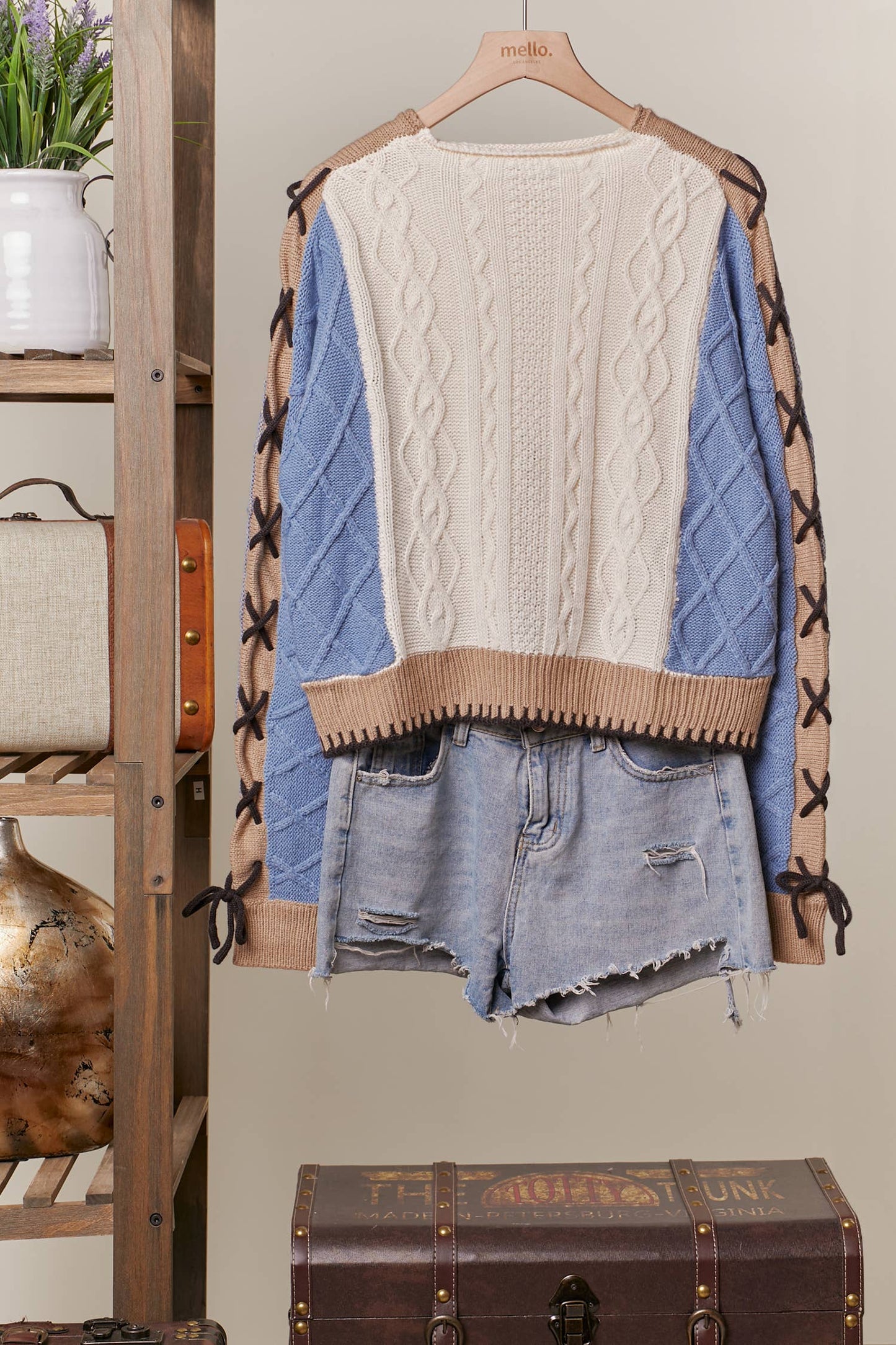 Color Block Sweater with Laced Sleeves