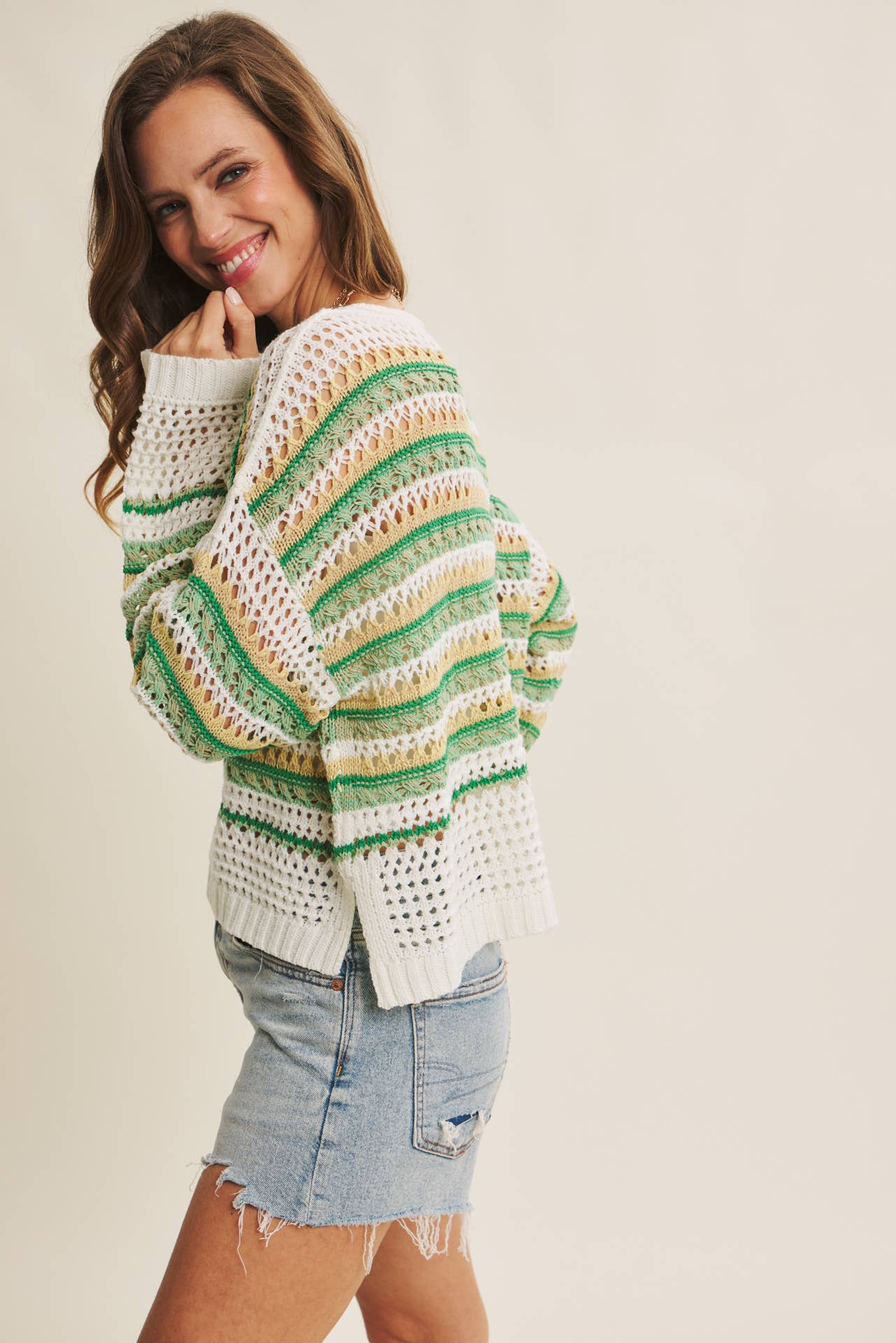 MULTI STRIPE GREEN CROCHET SWEATER TOP