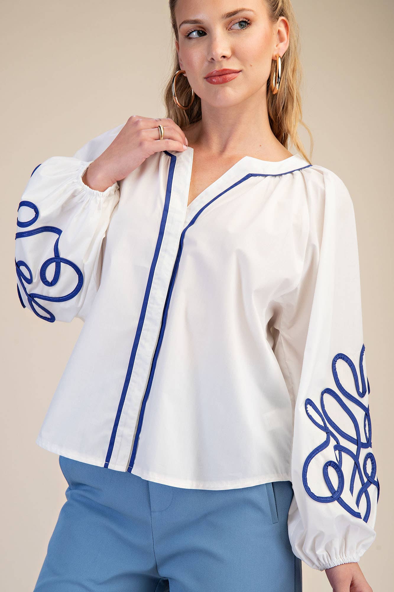 Soutache Contrast Detail Puff Sleeve Blouse