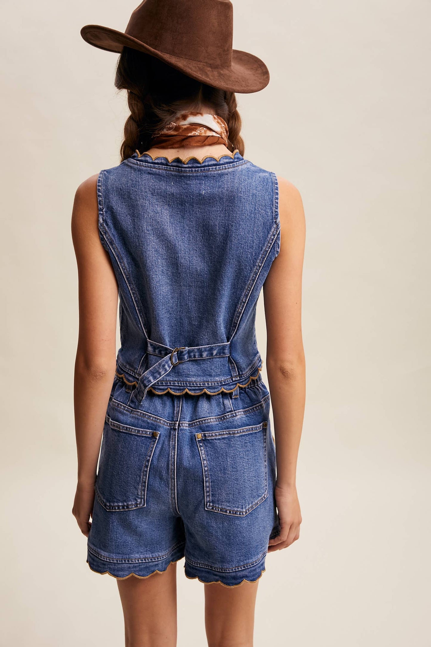 Scallop Button-Side Stretch Denim Shorts
