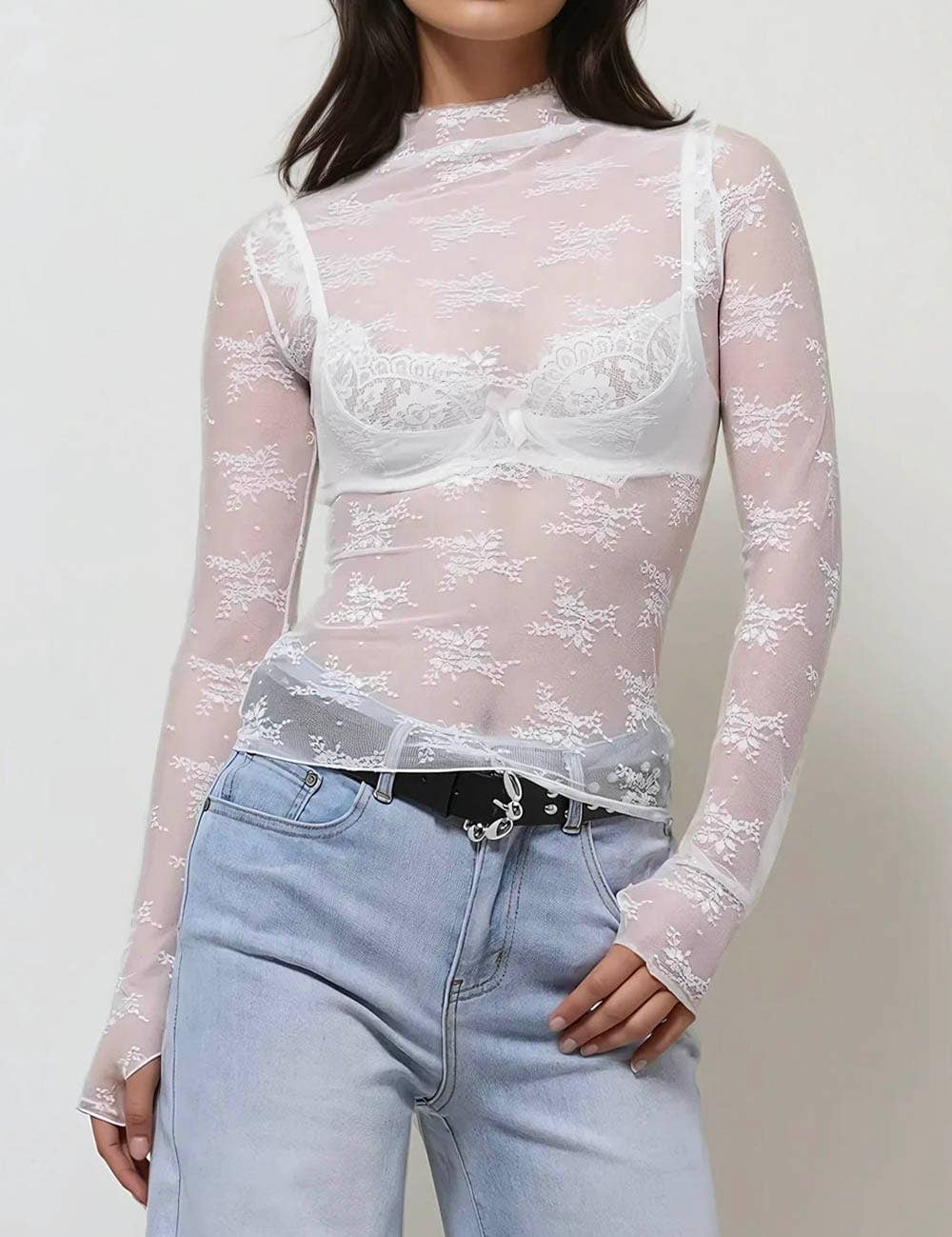 Floral Lace See Through Mesh Top Blouse