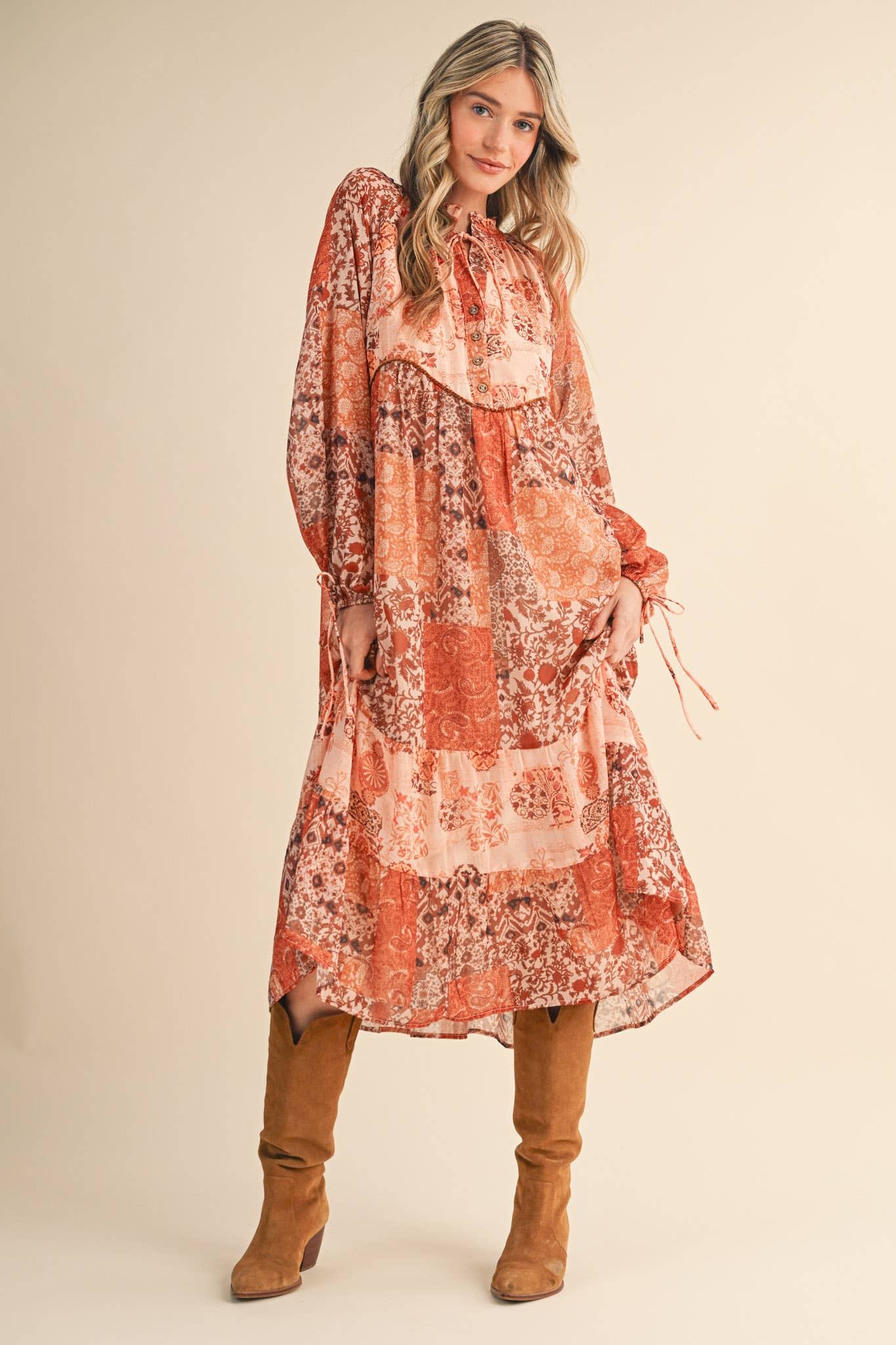 PATCHWORK PRINT MIDI DRESS