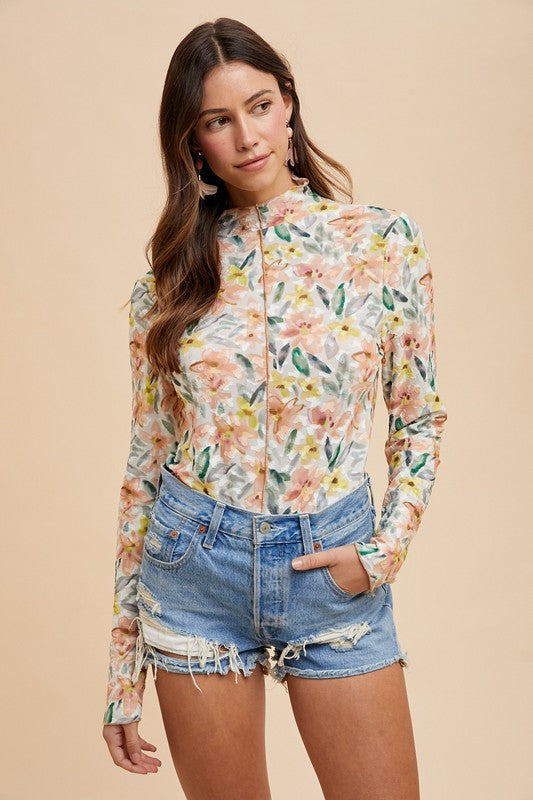 Floral Print Mesh Top