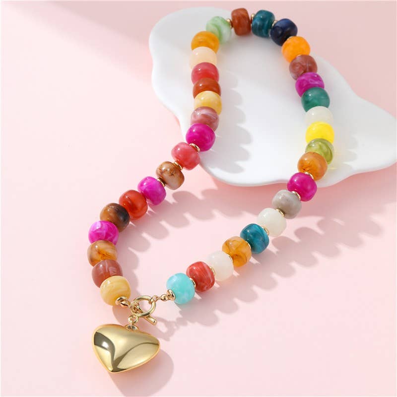 MULTI BEADED HEART CHARM  NECKLACE