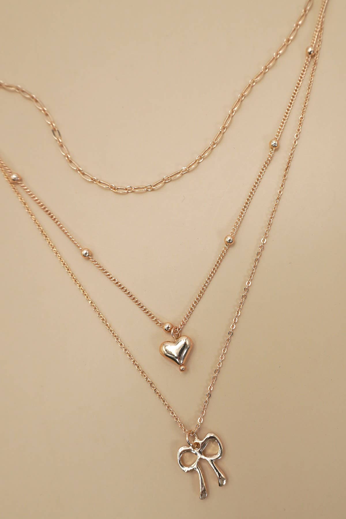 MULTI LAYER BOW HEART CHARM DROP NECKLACE