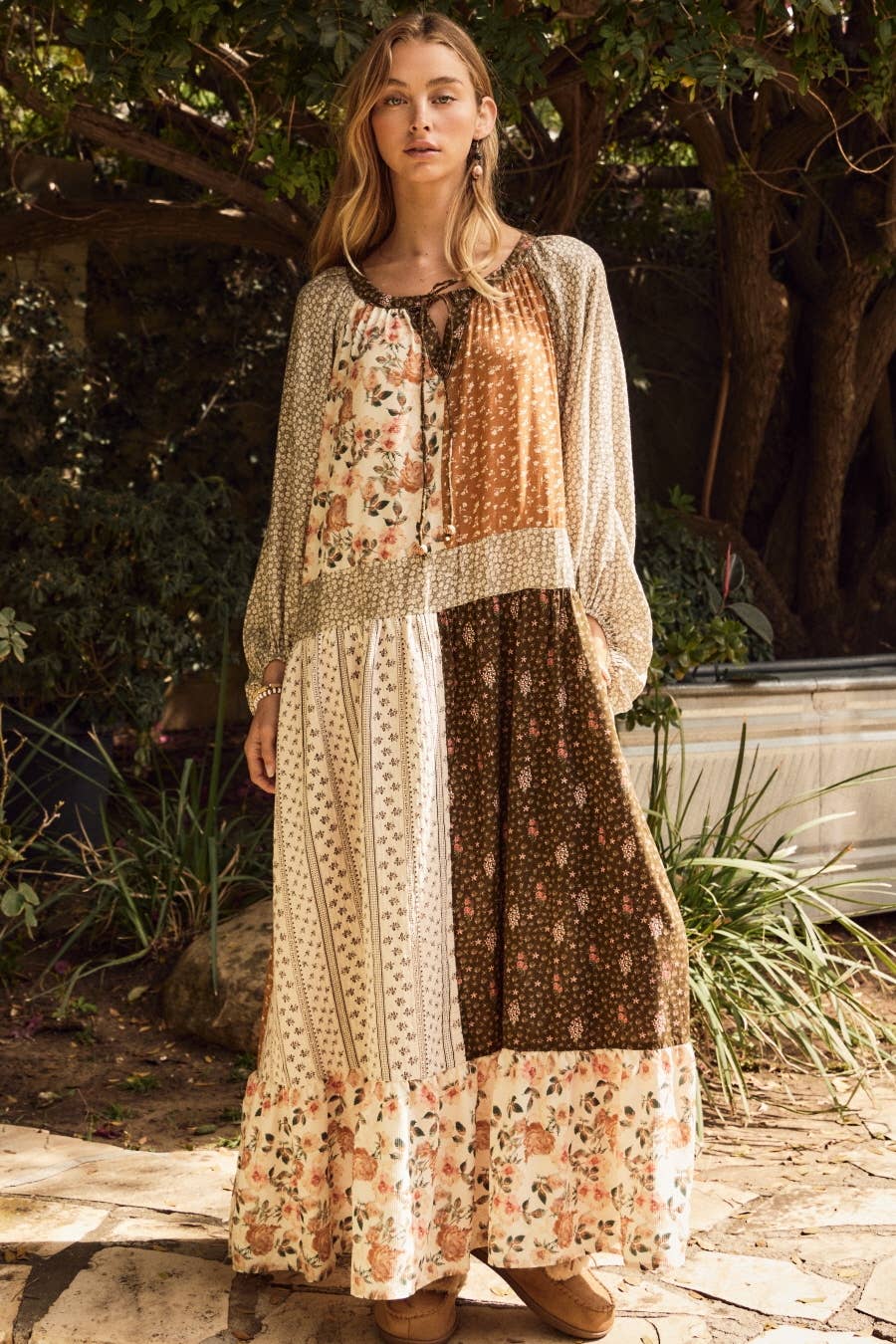 Mixed Floral Print Tiered Midi Dress