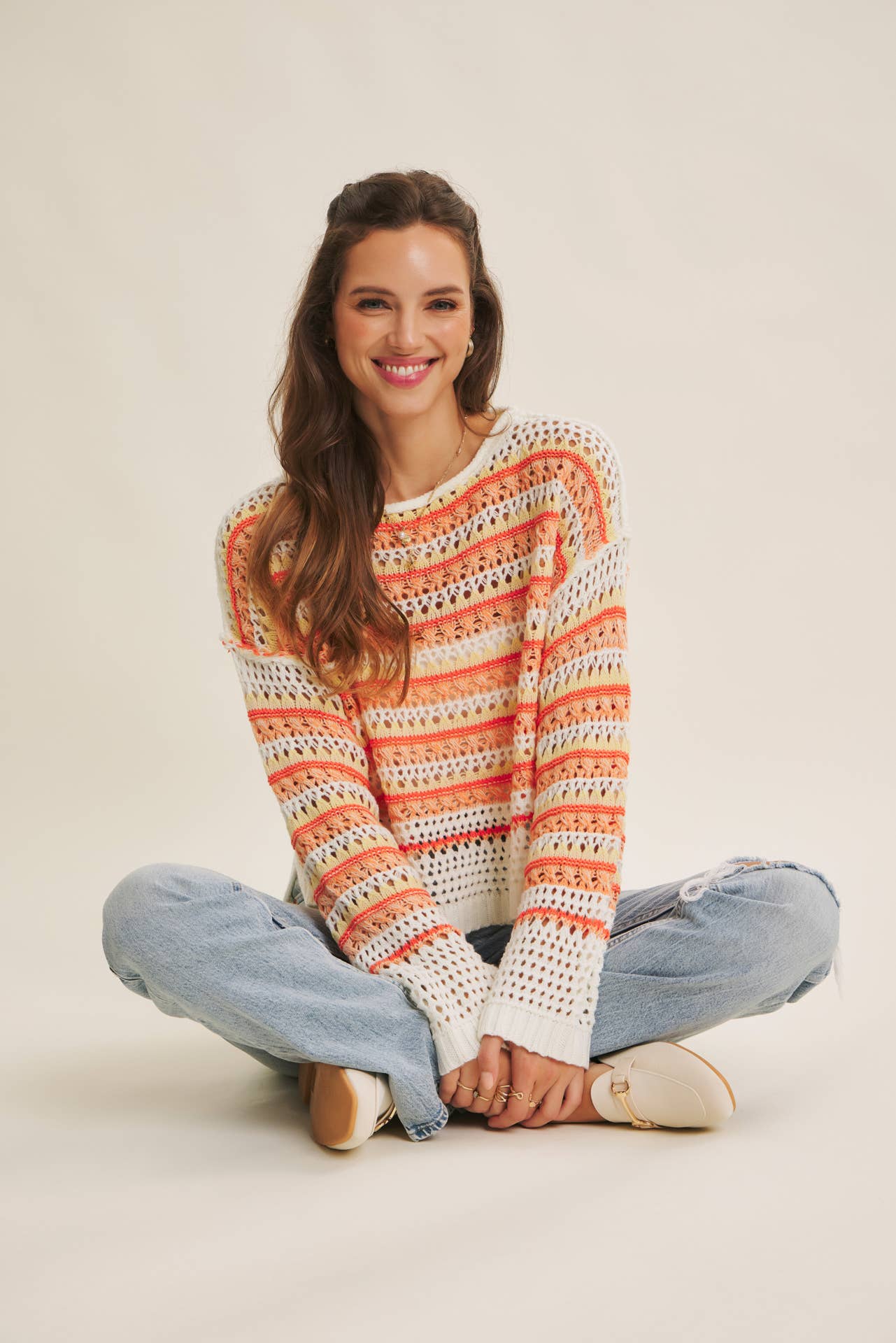 MULTI STRIPE GREEN CROCHET SWEATER TOP