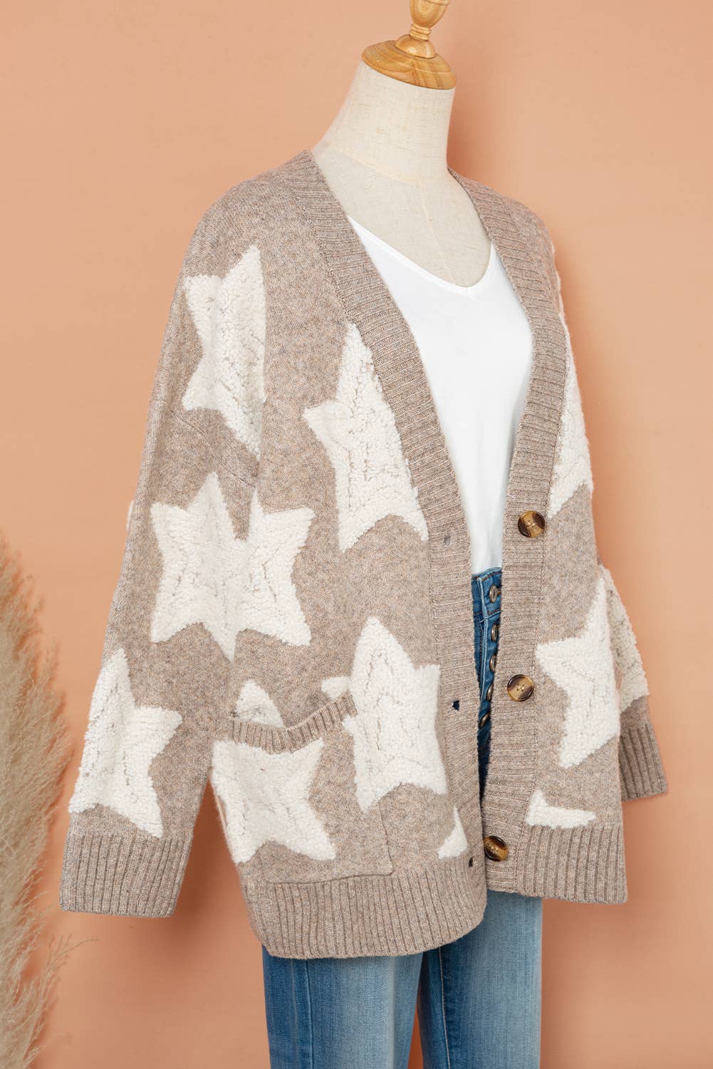 Star Pattern * Pockets Long Sleeve Knit Cardigan