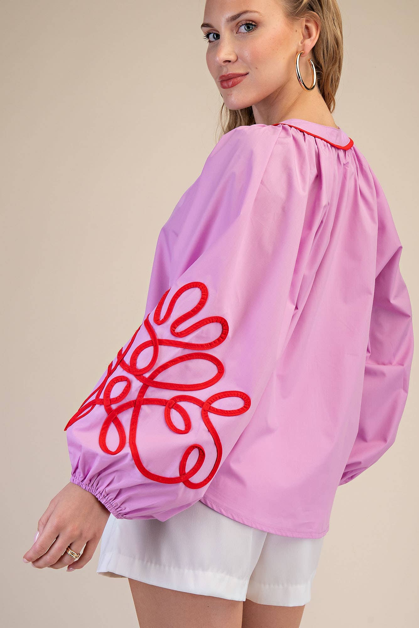 Soutache Contrast Detail Puff Sleeve Blouse