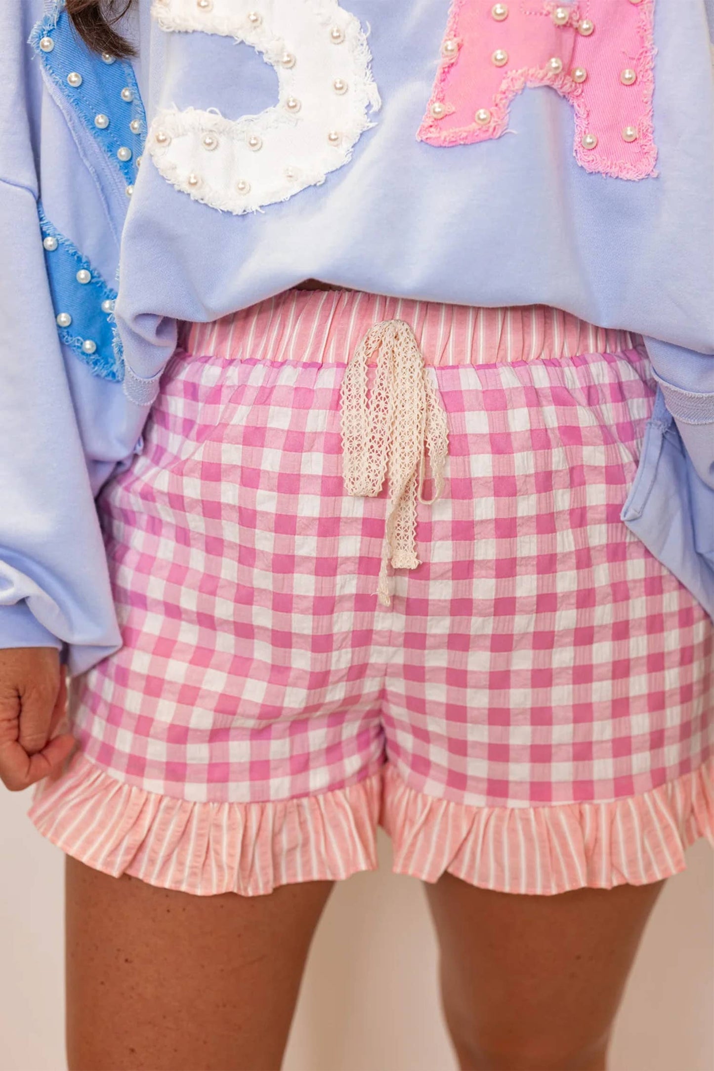 Pink Gingham Print Ruffled Shorts