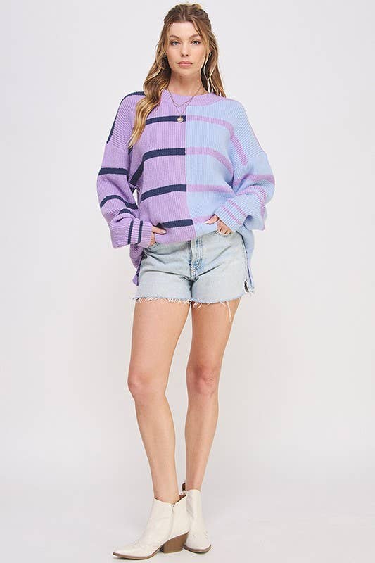 ROUND NECK STRIPED COLOR BLOCK SWEATER