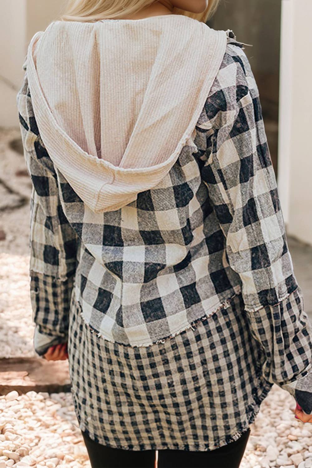 Double Plaid Patchwork Drawstring Hooded Shacket