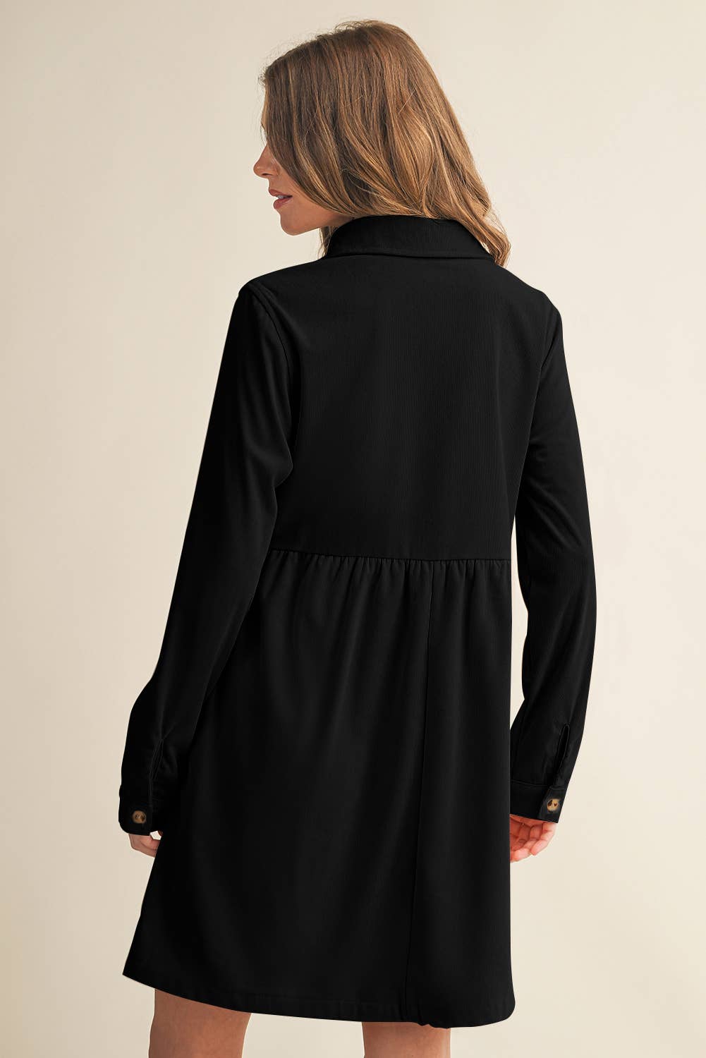 Corduroy Half Button Collared Long Sleeve Mini Dress