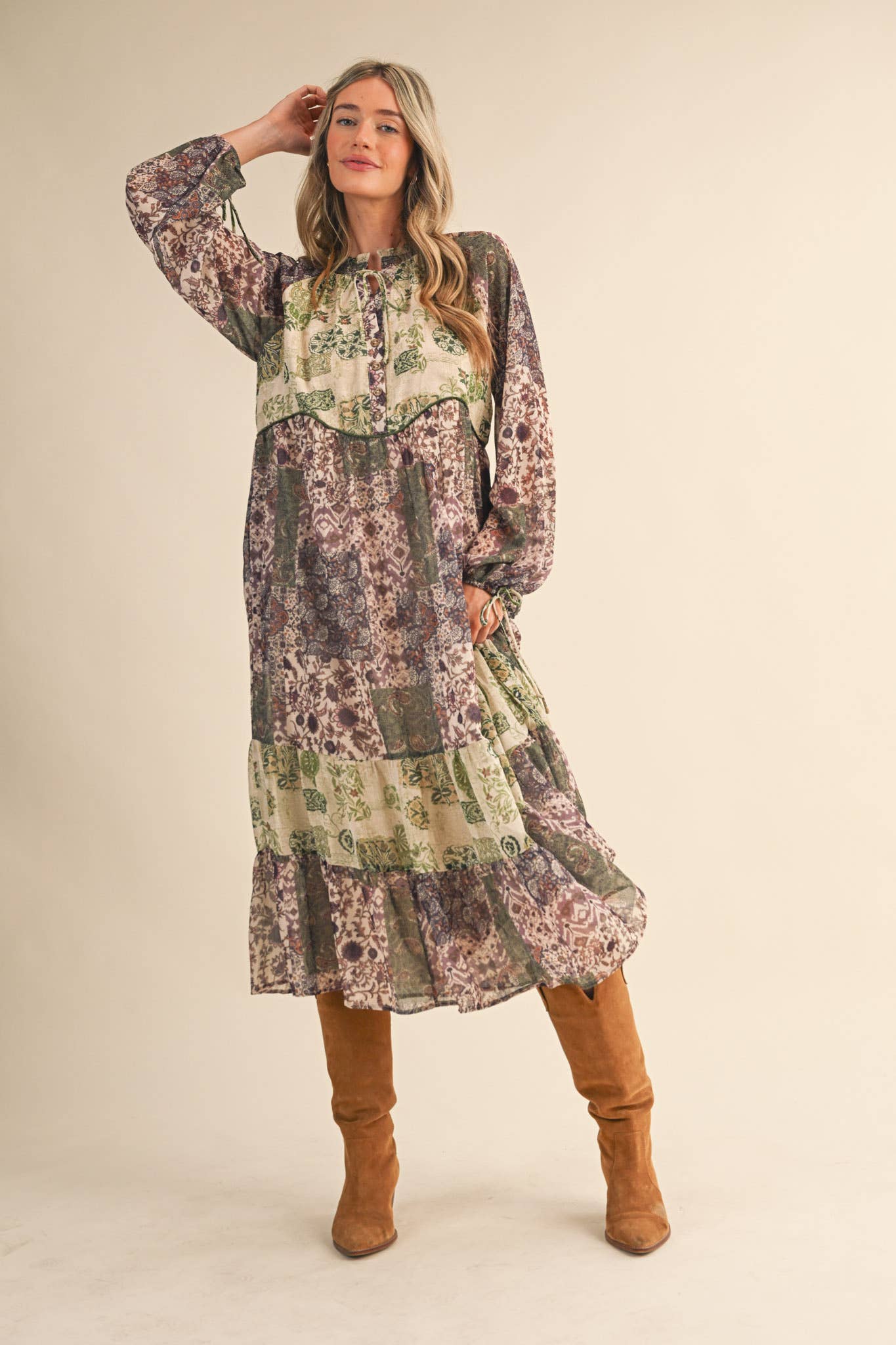 PATCHWORK PRINT MIDI DRESS