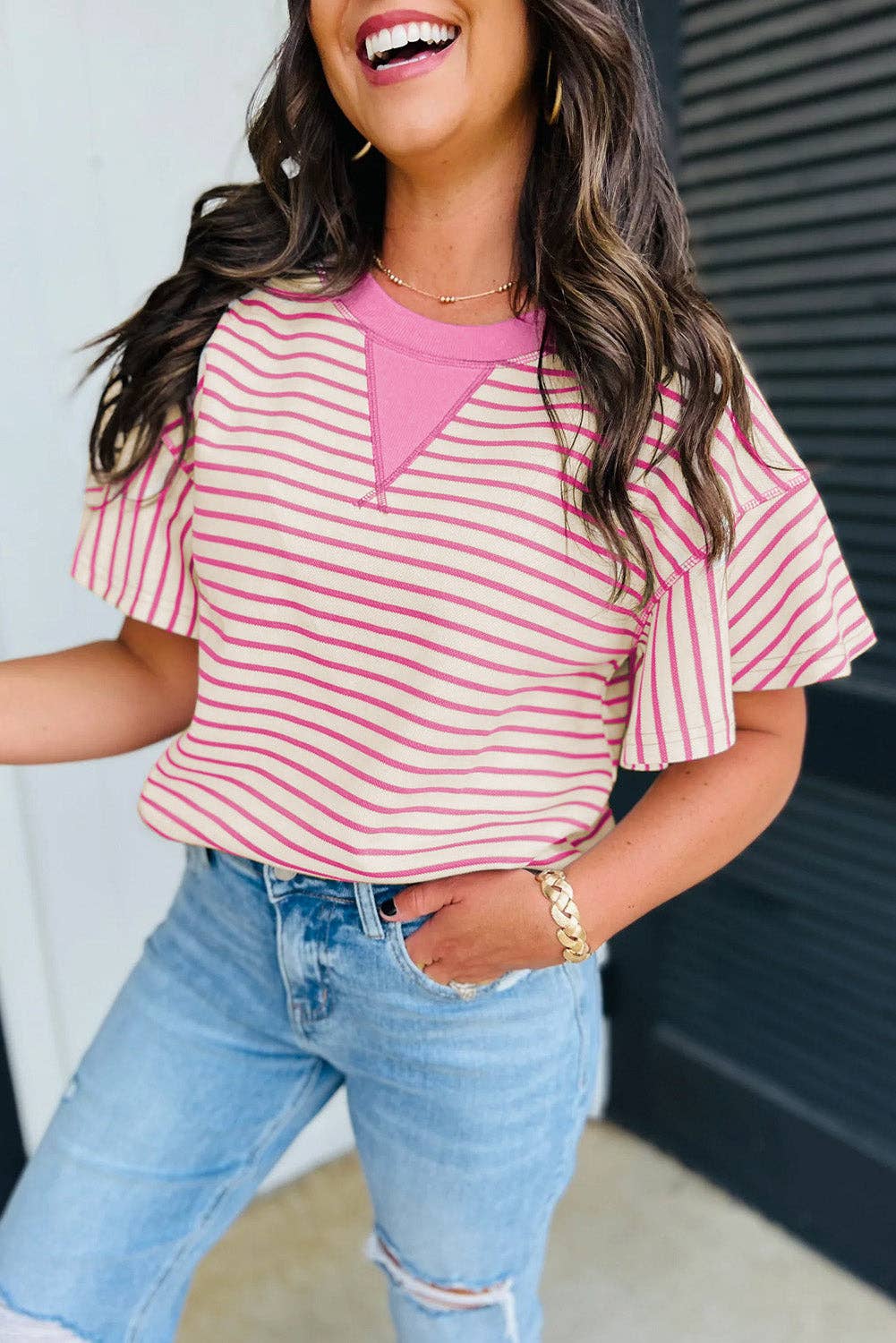 Bright Green Striped Ruffle Short Sleeve Top