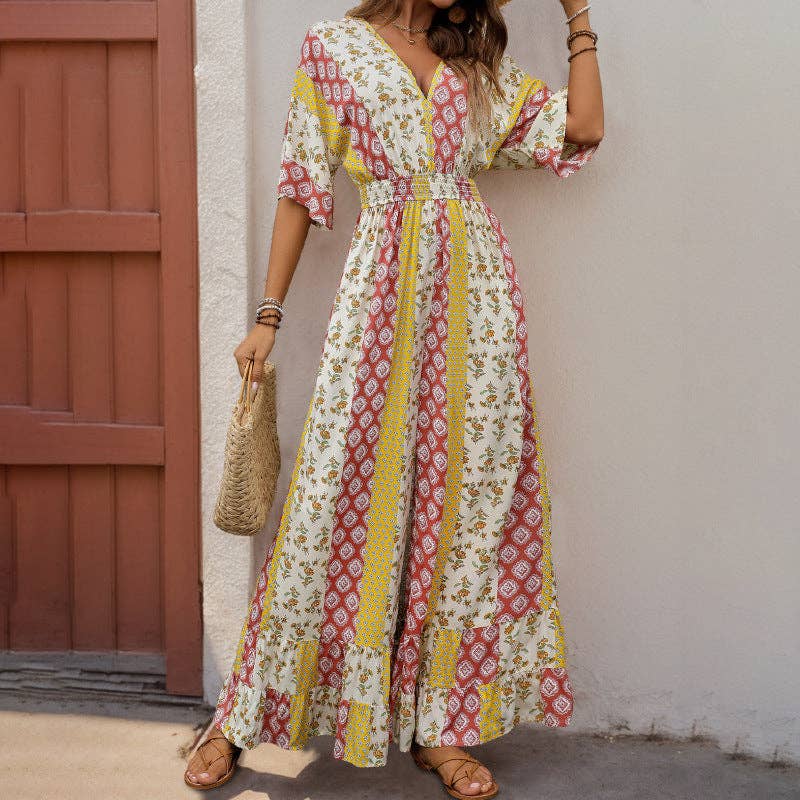 Bohemian Print Vintage Waist-Tie Jumpsuit