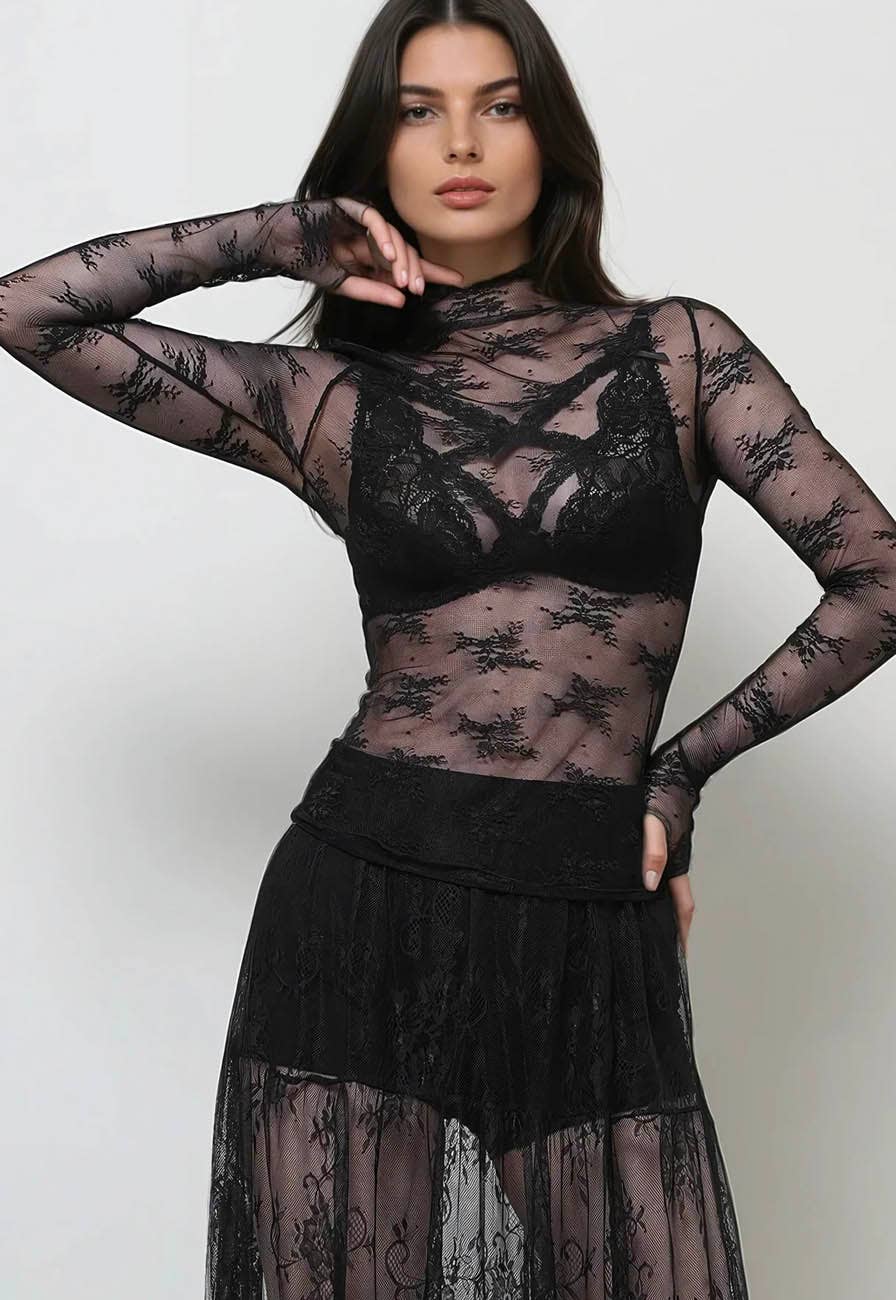 Floral Lace See Through Mesh Top Blouse