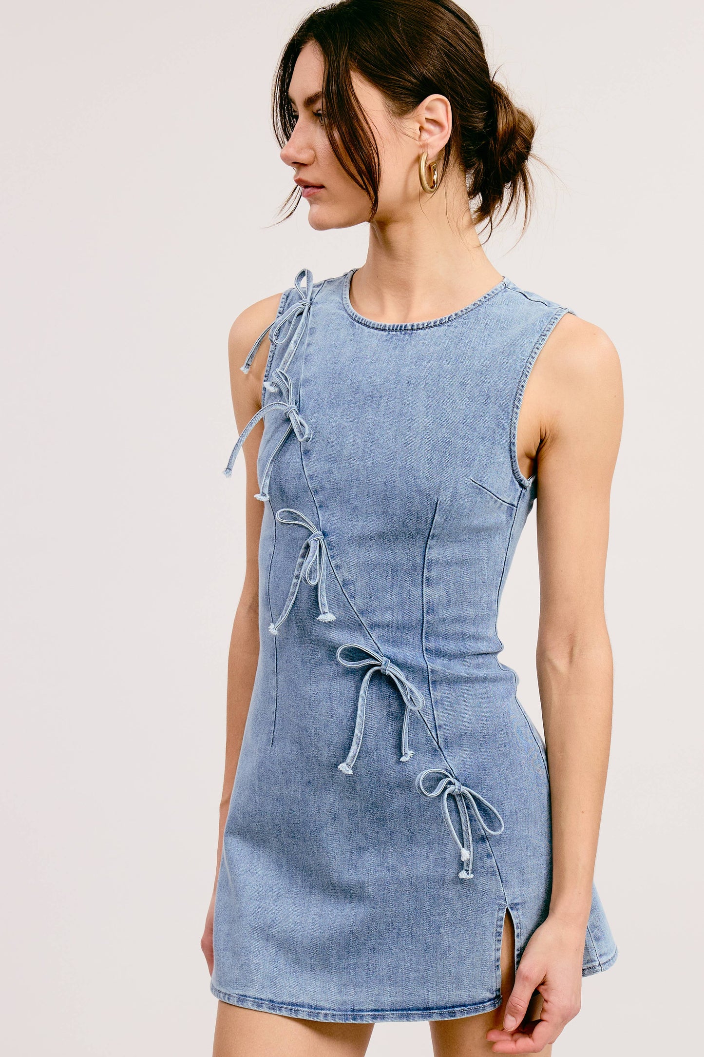Diagonal Ribbon Bow Denim Mini Dress