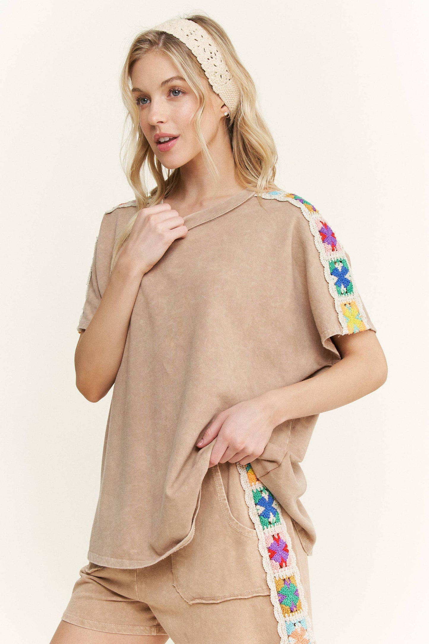 Mineral Washed Crochet Side Trim Top