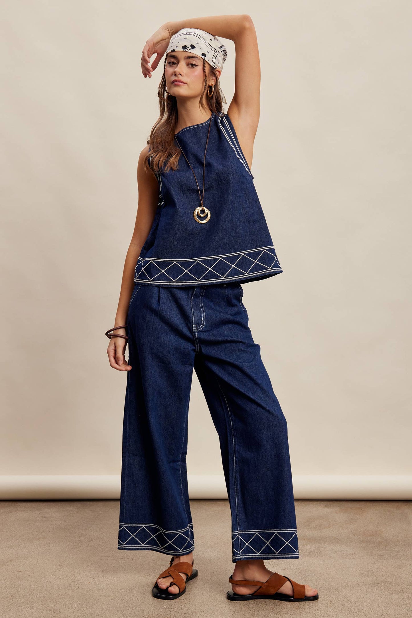 Embroidered Denim Tank & Wide-Leg Pants Set