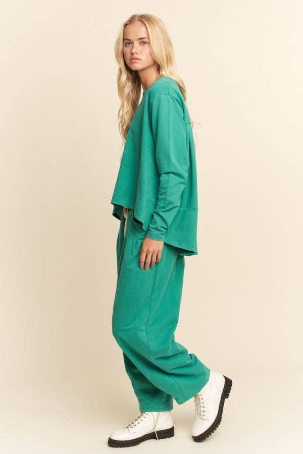 GARMENT WASHED LONG SLEEVE TOP AND PANTS SET