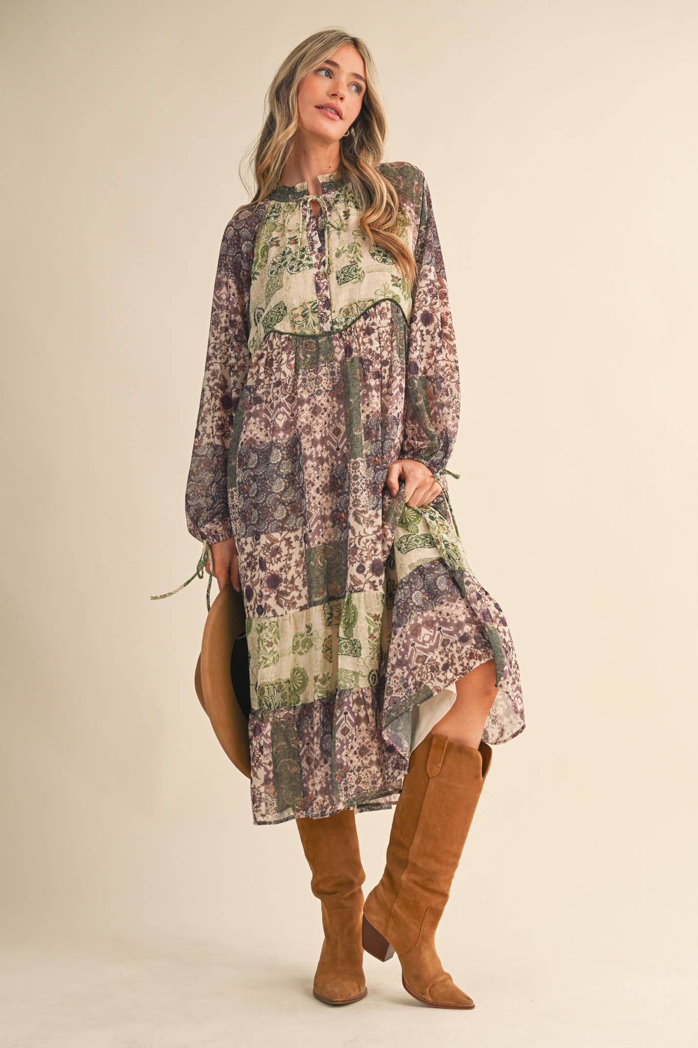 PATCHWORK PRINT MIDI DRESS