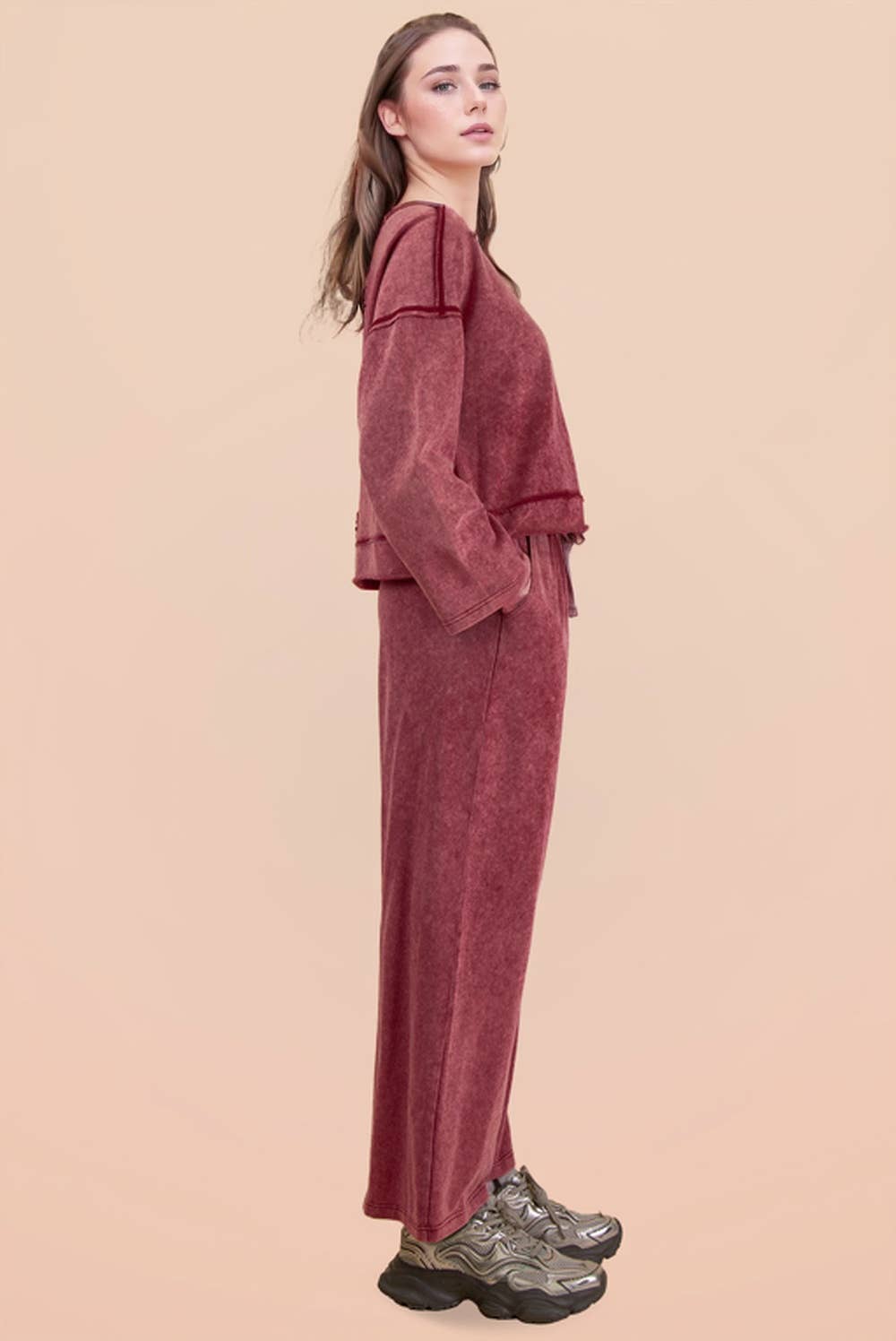 Mineral Washed Casual Knit Top & Pants Set