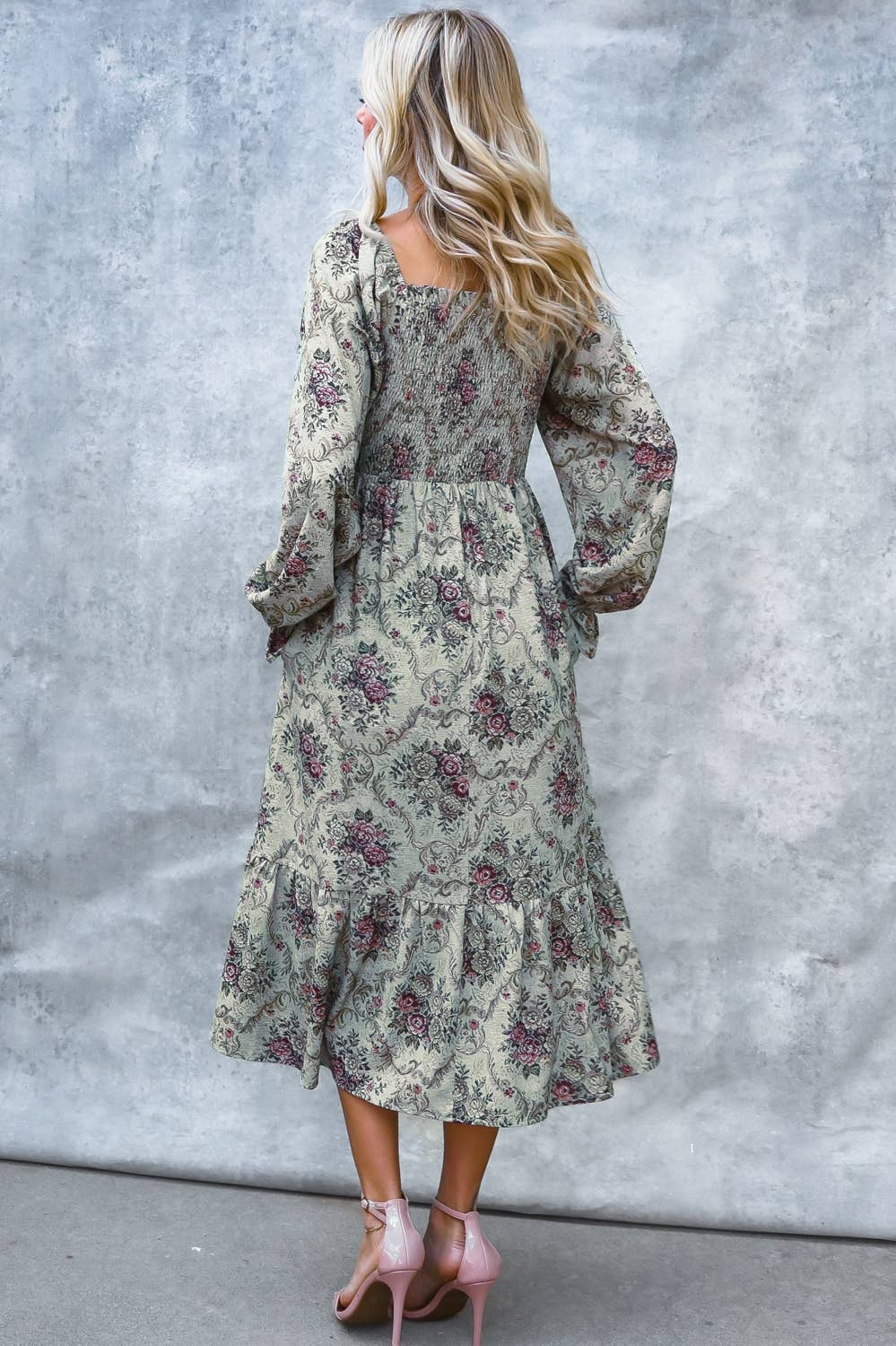 SHIRRED SMOCKING VINTAGE FLORAL PRINT MIDI DRESS