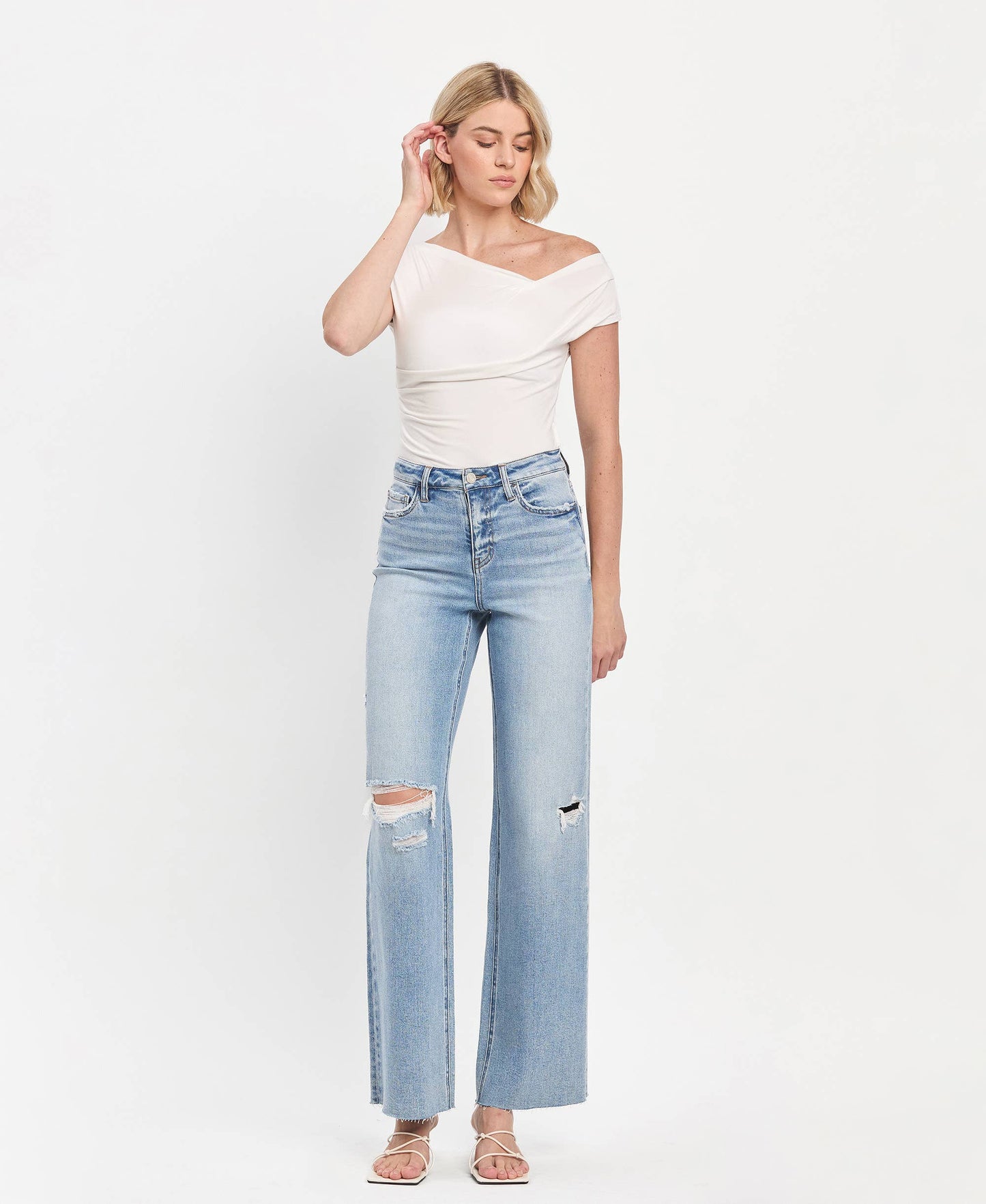 HIGH RISE CLEAN CUT RAW HEM WIDE LEG JEANS